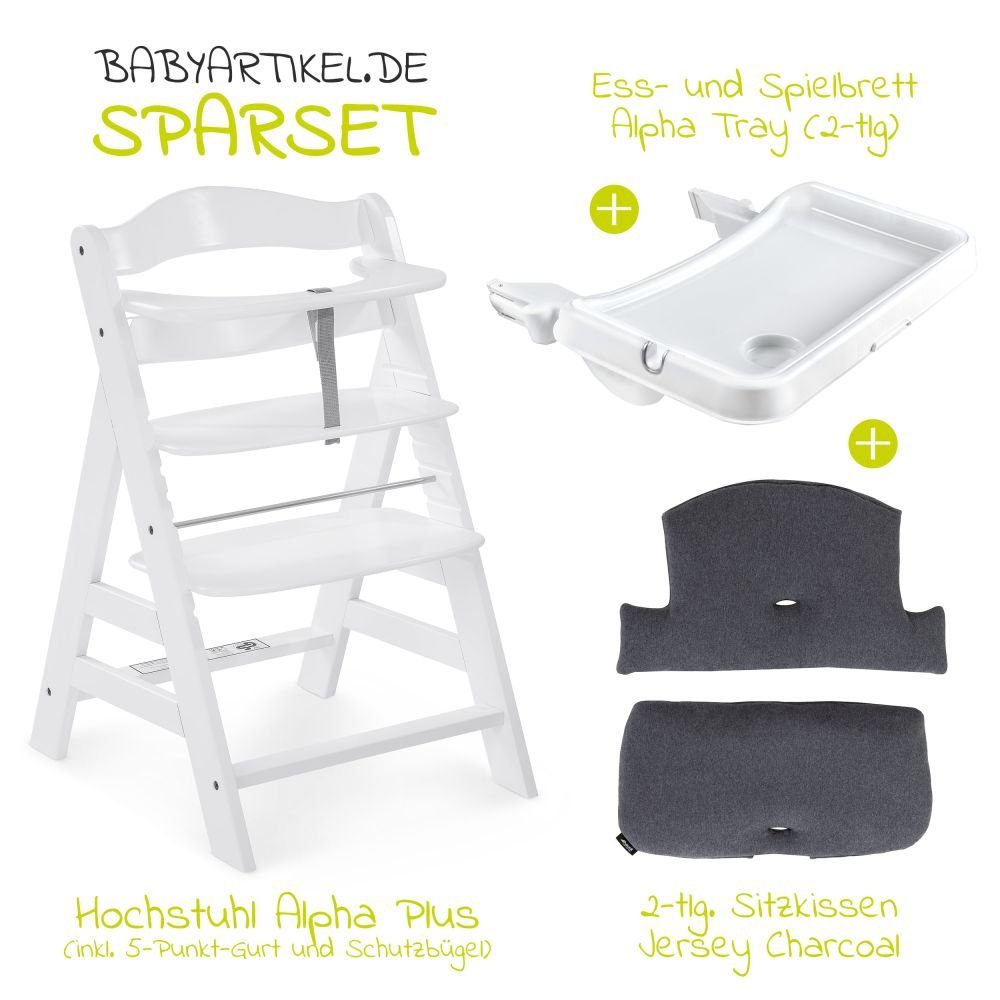 Hauck Hochstuhl Alpha Plus Weiß, Holz Kinderhochstuhl mit Essbrett, Sitzkissen verstellbar, mitwachsend