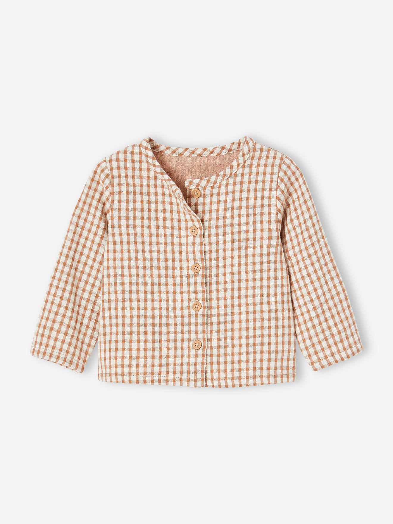 Ensemble bébé salopette en velours et chemise à carreaux taupe