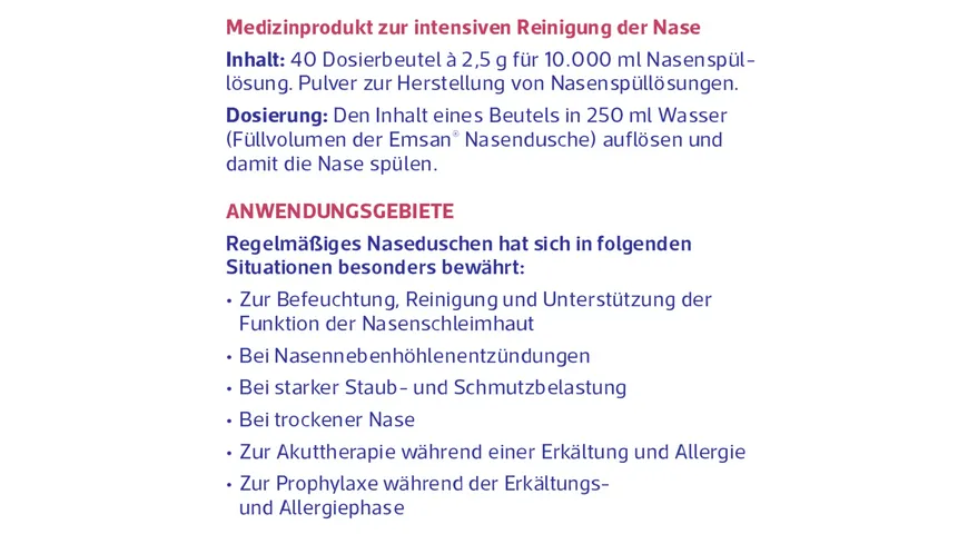 Emsan® Nasenspülsalz multimineral reinigt Ihre Nase auf gründliche und schonende Weise bei Schnupfen + Pollenallergie. 100 g
