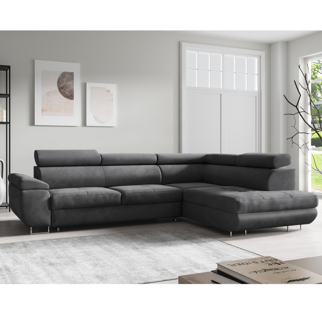 Möbel Punkt Wohnlandschaft Ecksofa Monaco Samt Grau mit Bett Bettkasten Kopfteilverstellung Bett Sofa Schlafsofa Ottomane rechts