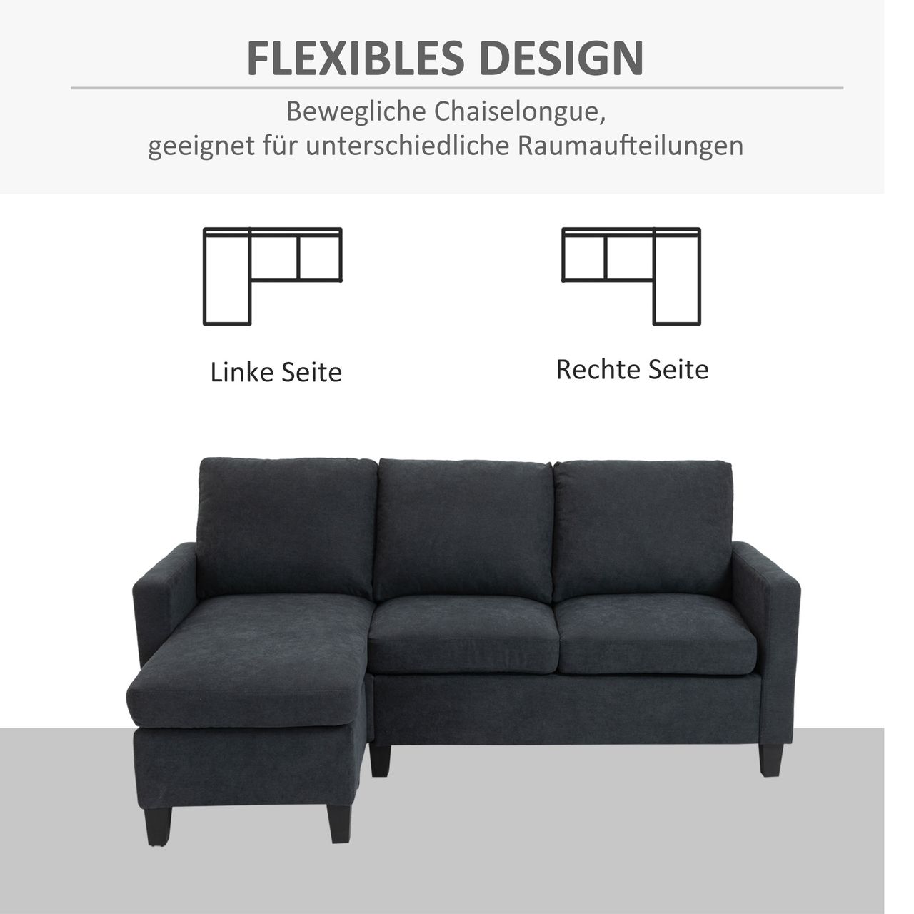 HOMCOM Ecksofa Couchgarnitur mit wendbarer Chaiselongue Dunkelgrau