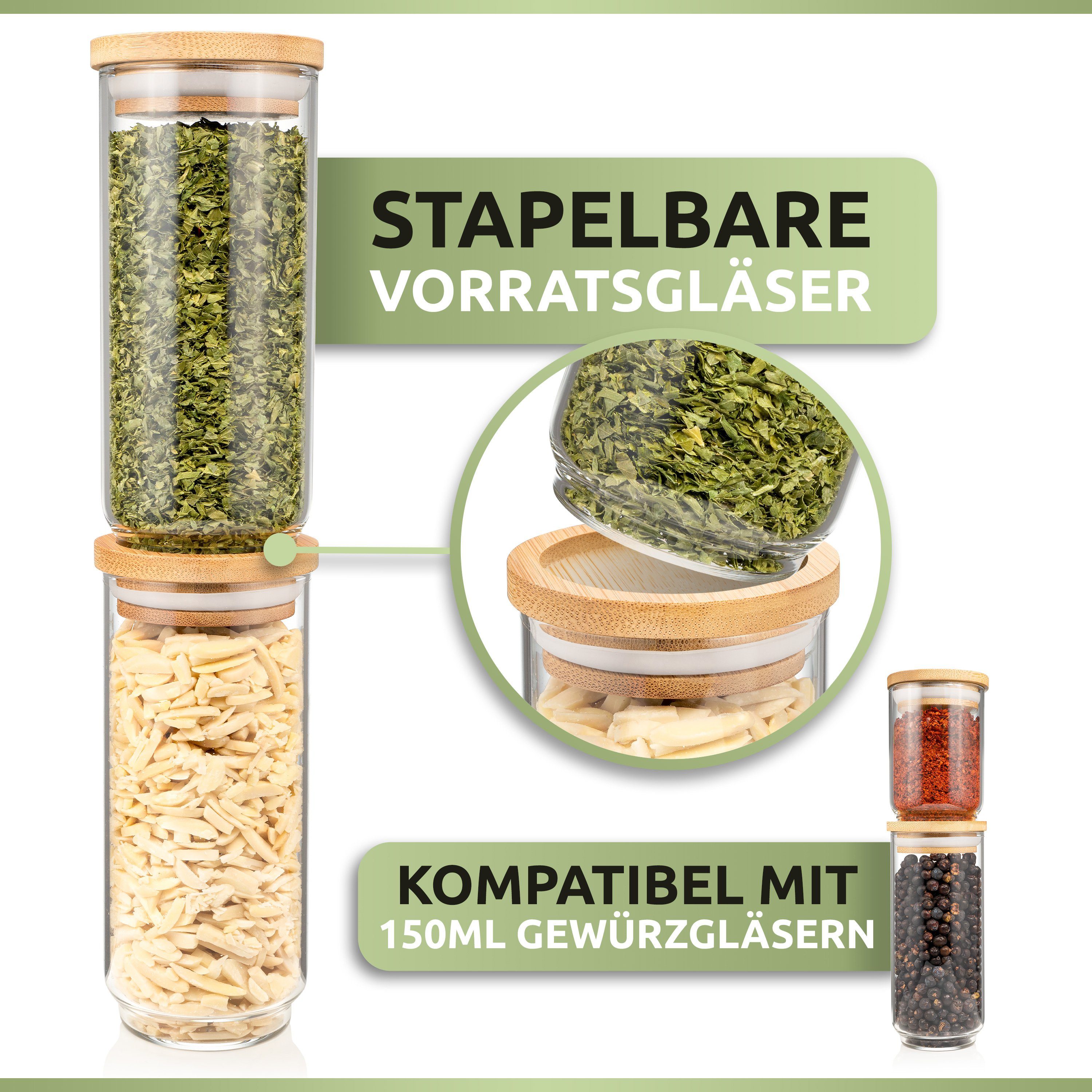 PORADA Gewürzbehälter Gewürzgläser 250 ml Set stapelbare Glasbehälter mit Deckel, (Set, 6-tlg., 6x Gewürzgläser 250ml, 12x runde Aufkleber, 12x ovale Aufkleber), Handarbeit, platzsparend, stapelbar. Bambusdeckel, geruchsdicht