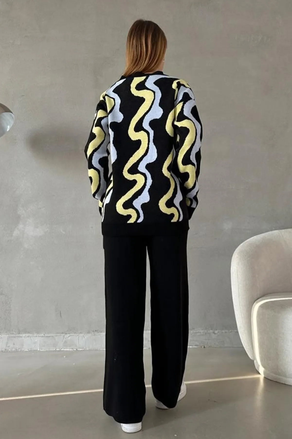 lovebox  Damen Strickstoff Oversize Pullover und Hose Schwarz Doppelanzug 0259