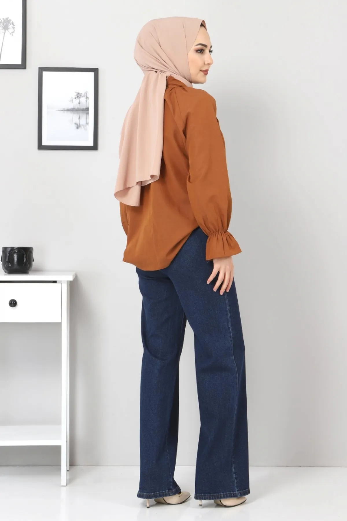 Tesettür Dünyası  Jeanshose mit weitem Bein und elastischer Taille Tsd22045 Dunkelblau
