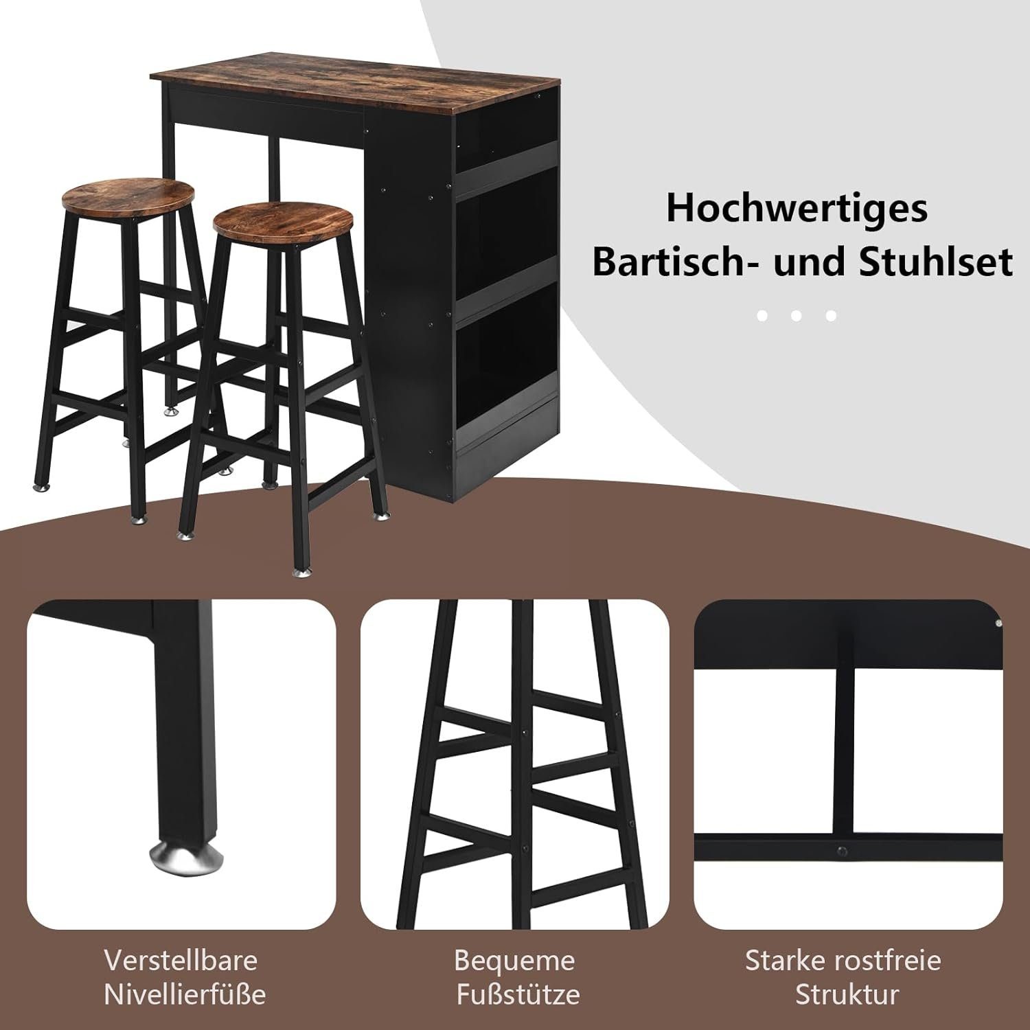 KOMFOTTEU Bartisch Thekentisch (Set 3-Teilig), mit 2 Barhockern & 3 Ablagen