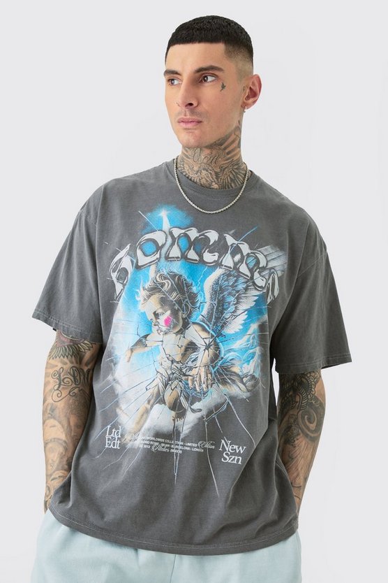 Tall Oversize T-Shirt mit Homme Angel Print und Acid-Waschung