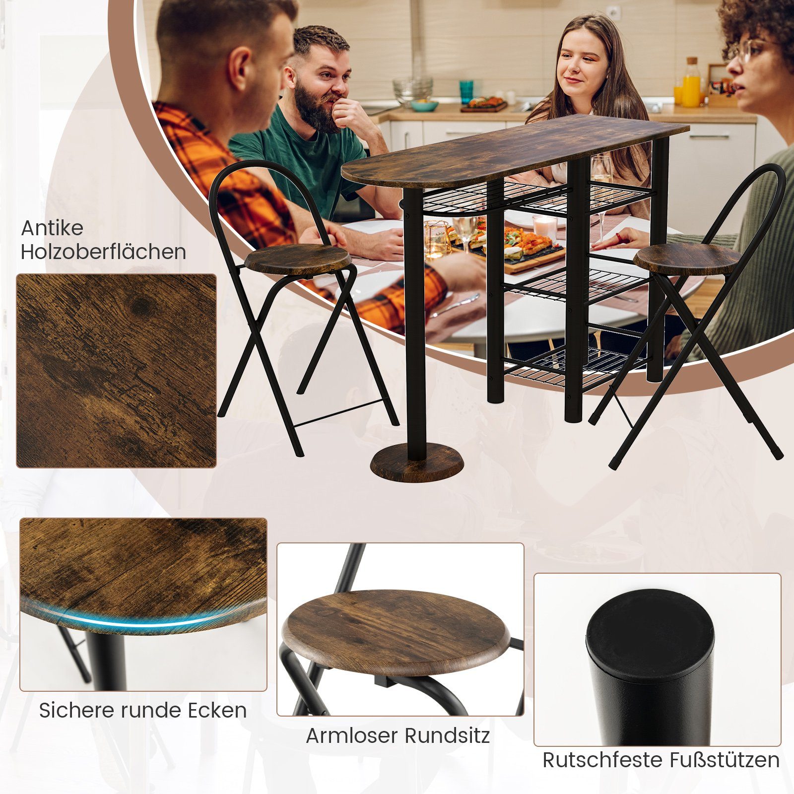 COSTWAY Bartisch (3-St), mit 2 Barhocker und 4-stufigem Regal, für 2 Personen
