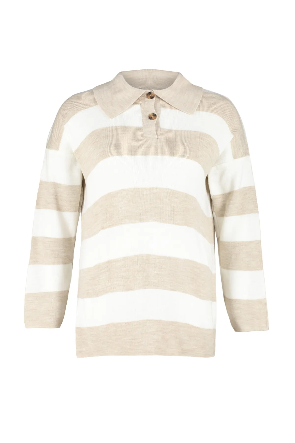 Trendyol Modest  Gestreifter Strickpullover mit Polokragen in Steinoptik TCTAW23KZ00039