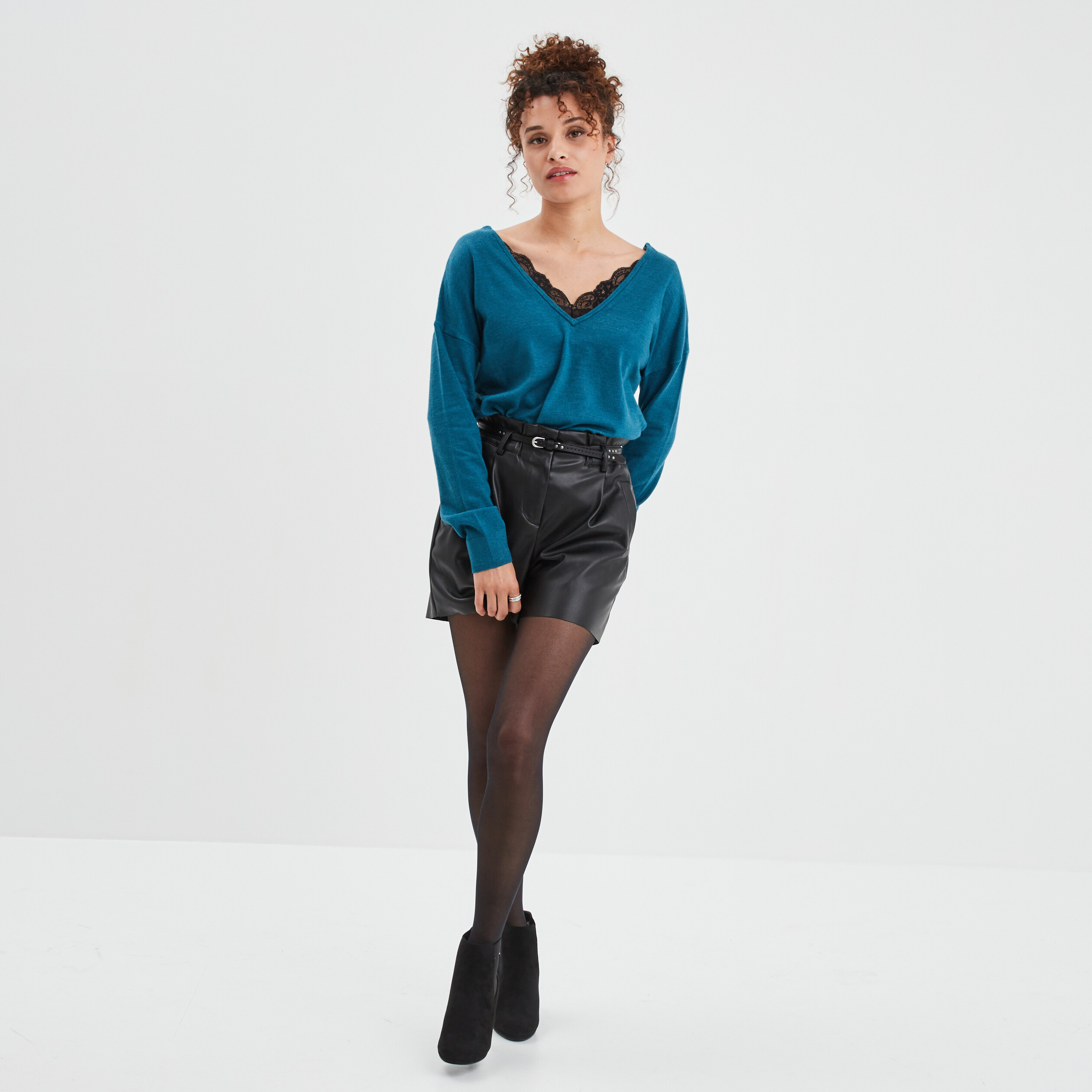 Pull dos en V avec dentelle bleu canard femme | La Halle