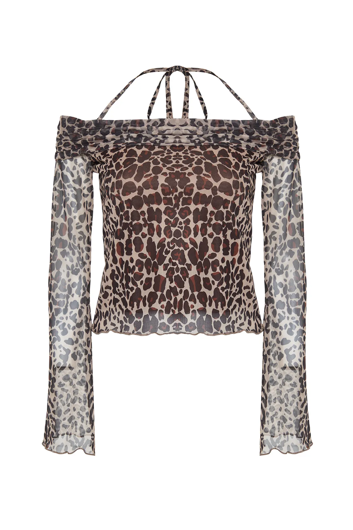 Trendyol Collection  Braune Strickbluse mit Tiermuster, ausgestellten Ärmeln und Bindedetail TWOSS24BZ00046