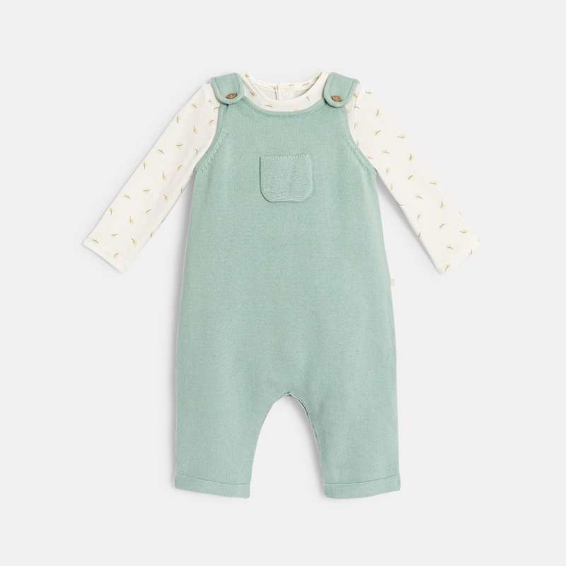 Salopette en tricot et body en coton verte naissance