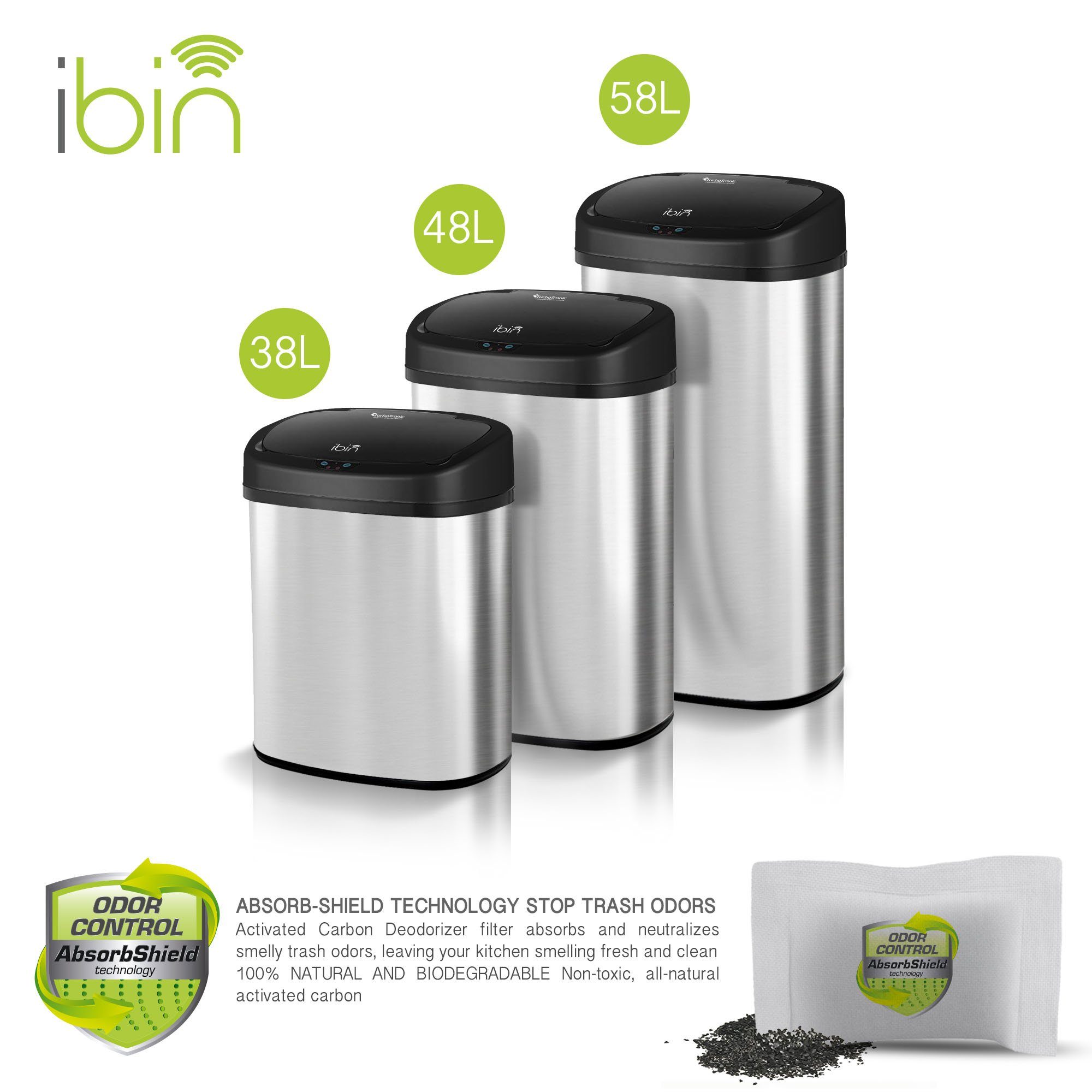 TurboTronic by Z-Line Mülleimer Batterie-/Netzbetrieb 38L, 48L oder 58L, Geruchsfilter, Automatik Abfalleimer, Edelstahl