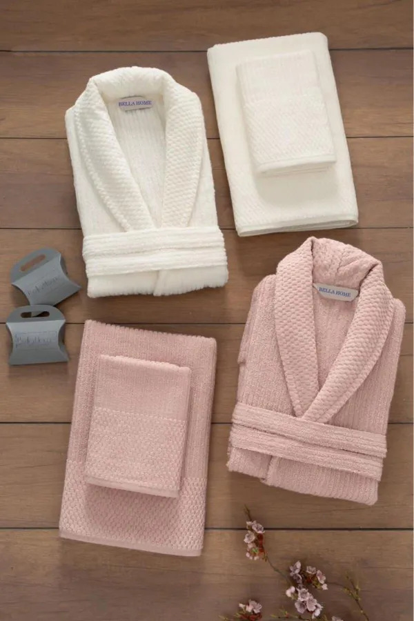 Çeyiz Diyarı  Rip Striped 6-teiliges Familienbademantel-Set Creme/Puder