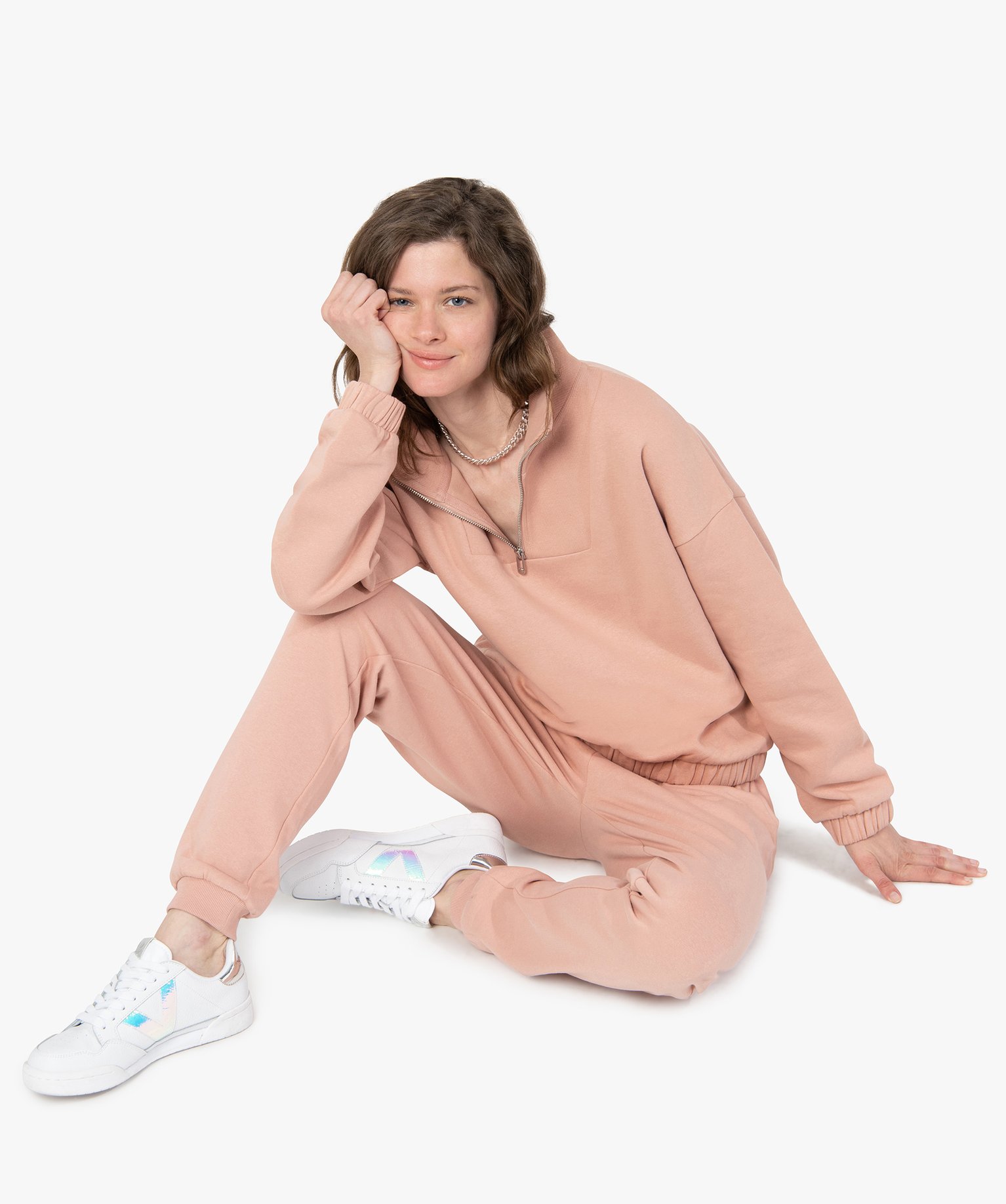 Sweat femme à col zippé intérieur molletonné rose | GEMO
