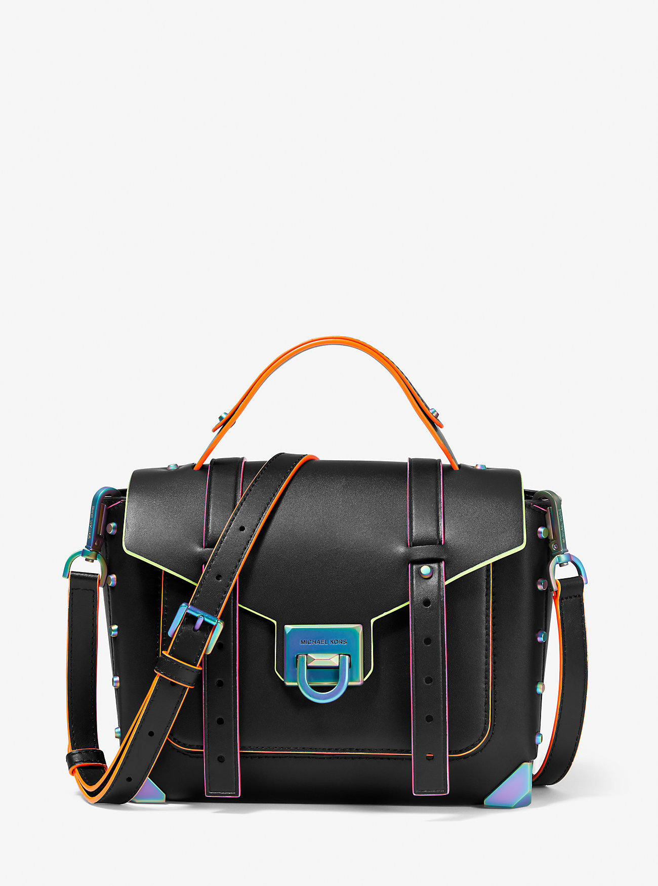 Manhattan Medium Contrast-Trim Leather Satchel - BLACK