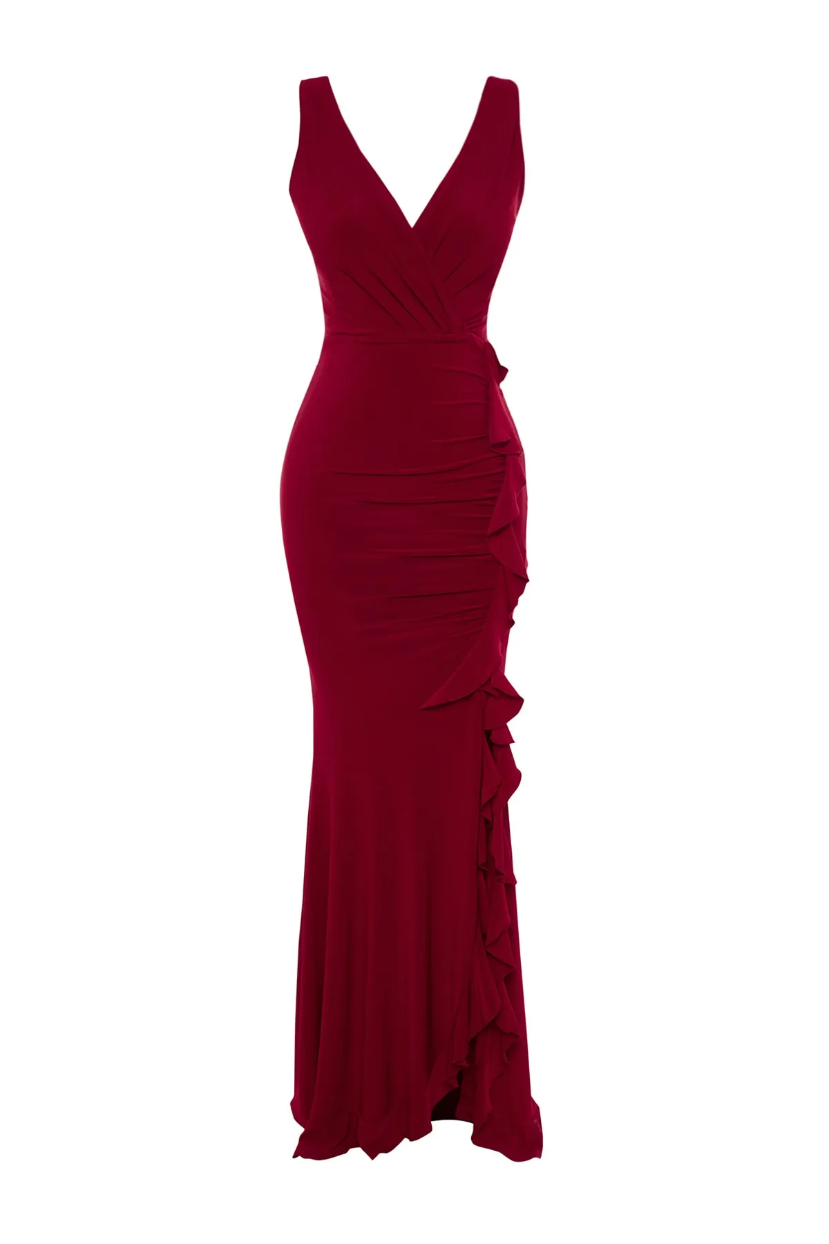 Trendyol Collection  Burgunderrotes, figurbetontes, gefüttertes, gestricktes, langes Abendkleid mit Volant TPRSS19UT0026