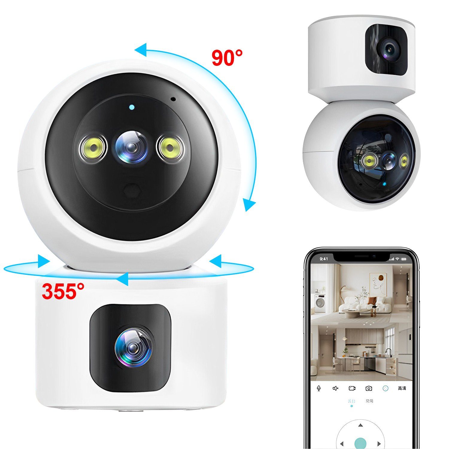 Kpaloft 355°-WLAN Überwachungskamera (für den Innenbereich, FHD 1080P Dual-Kamera, 90° verstellbar, Nachtsicht, Bewegungserkennung, APP, Zwei-Wege-Audio, Ton- und Lichtwarnung, für Babys/Haustiere)