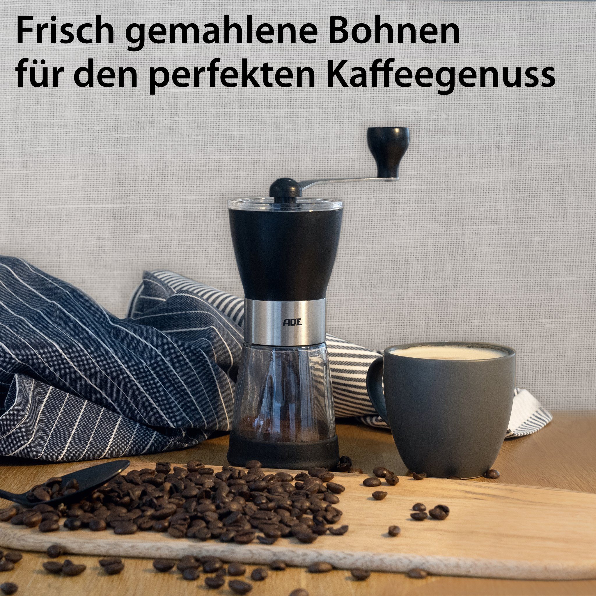 ADE Kaffeemühle manuell mit Aromabehälter aus Glas, Kegelmahlwerk, 65,00 g Bohnenbehälter, stufenloser Mahlgrad für French Press, Siebträger und Filterkaffee