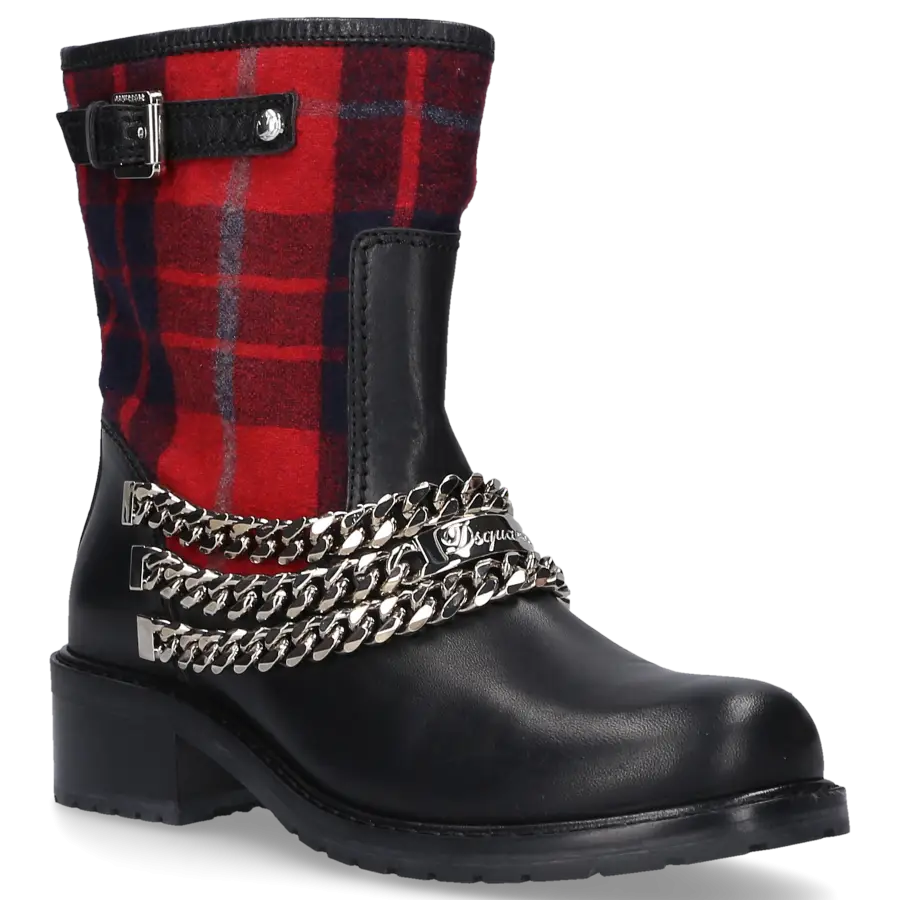 Dsquared2 - Stiefeletten Baumwollmischung Kalbsleder Zierkette Zierschnalle rot schwarz - schwarz