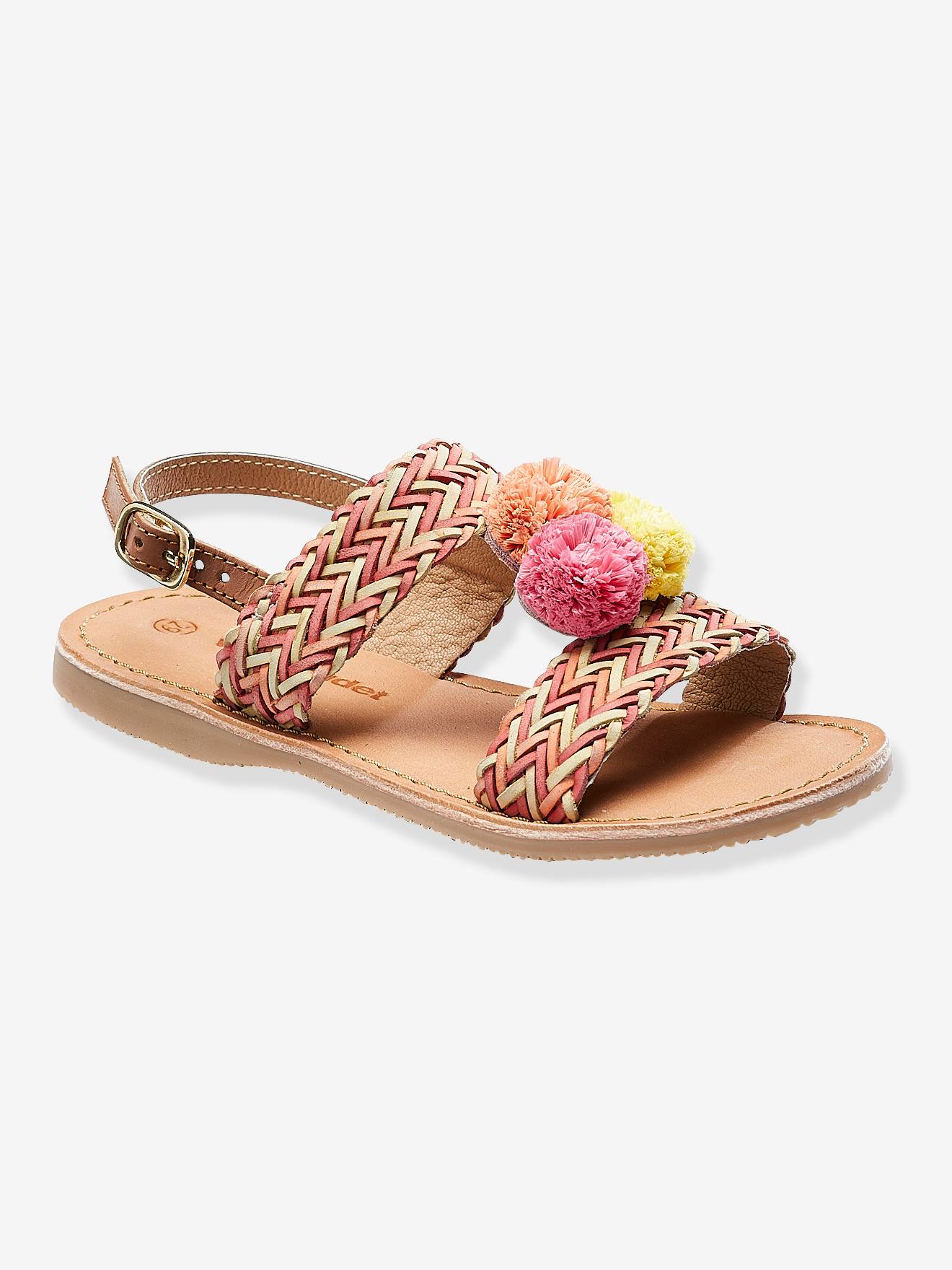Sandales en cuir fille avec pompons rose