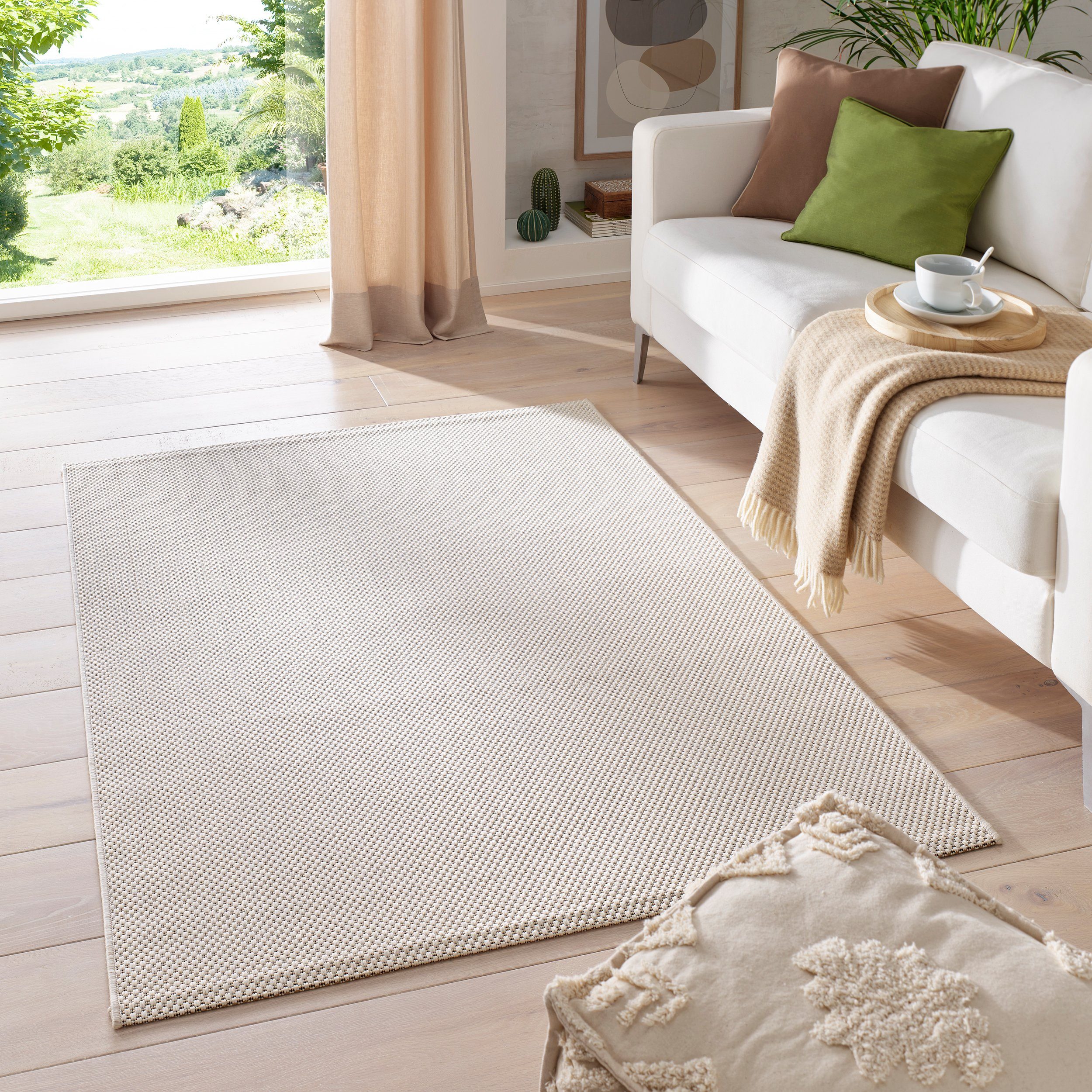 Teppich Outdoor & Indoor Teppich, TaCa Home, rechteckig, Höhe: 7 mm, Terrasse Balkon Garten Wohnzimmer Bad Küche, Creme - 67 x 180 cm