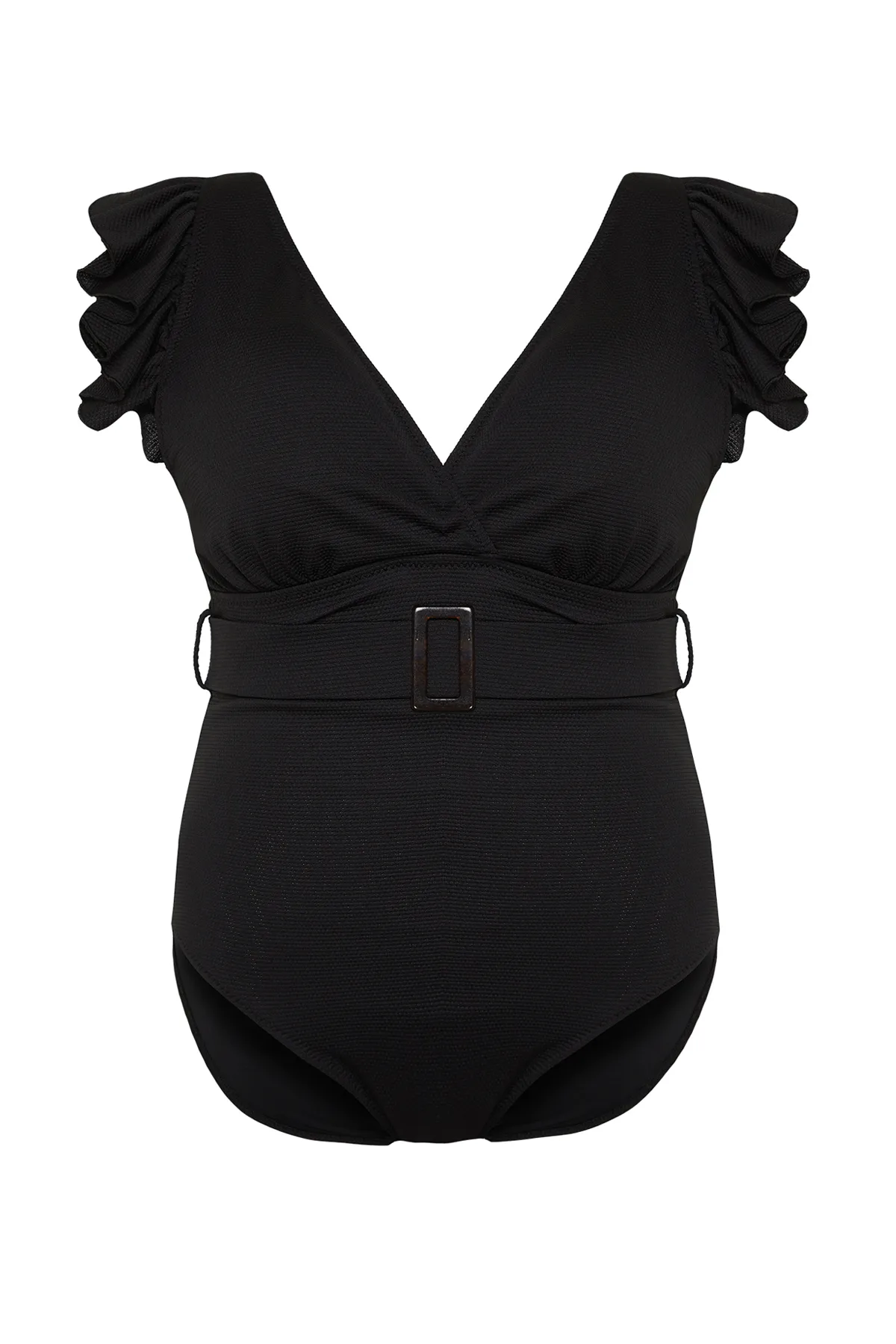Trendyol Curve  Schwarzer gestrickter Badeanzug mit tiefem V-Gürtel und Erholungseffekt TBSSS24AM00015