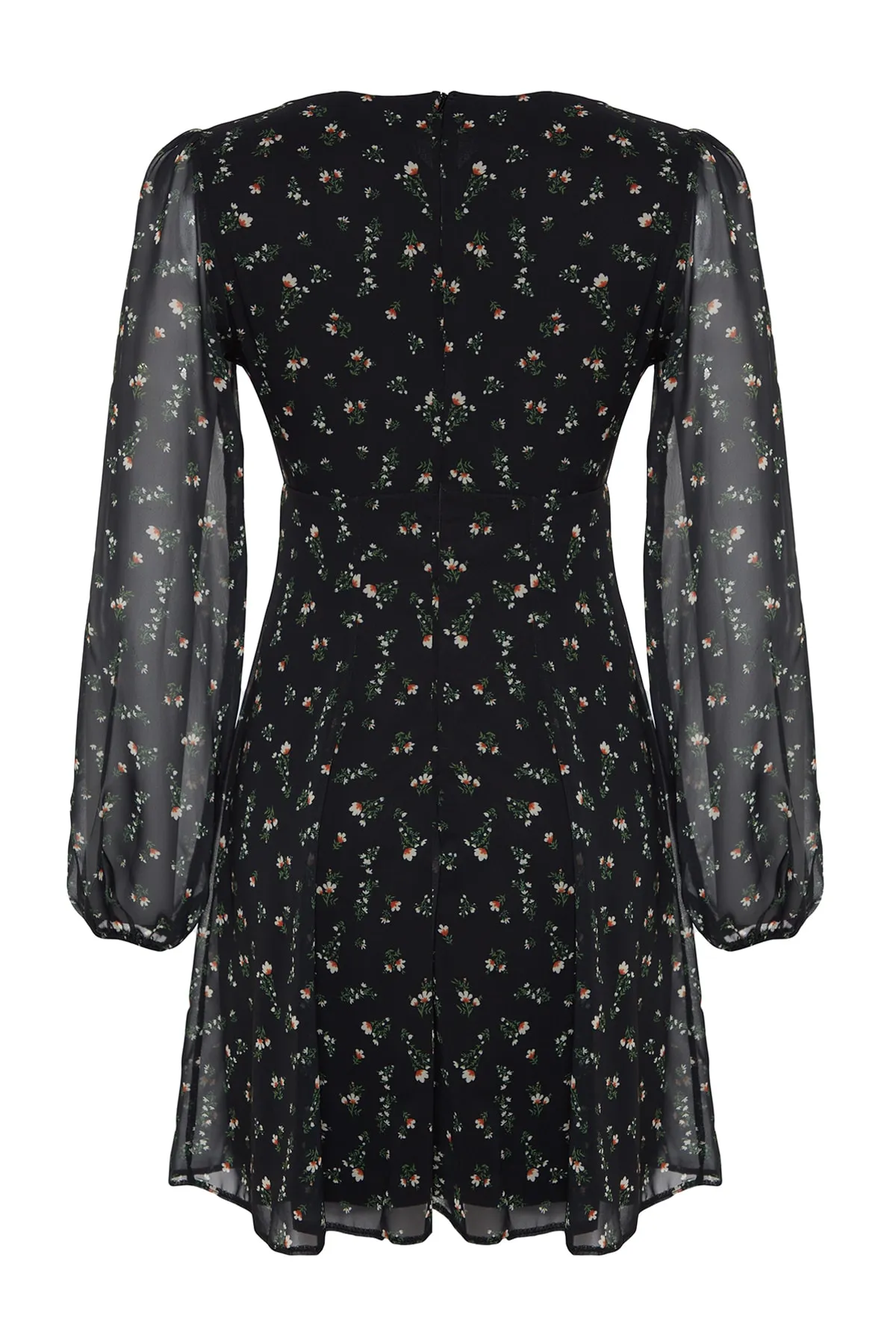 Trendyol Collection  Schwarzes, mit Blumenmuster bedrucktes Mini-Kleid aus Chiffon mit Futter und V-Ausschnitt TWOAW24EL00320