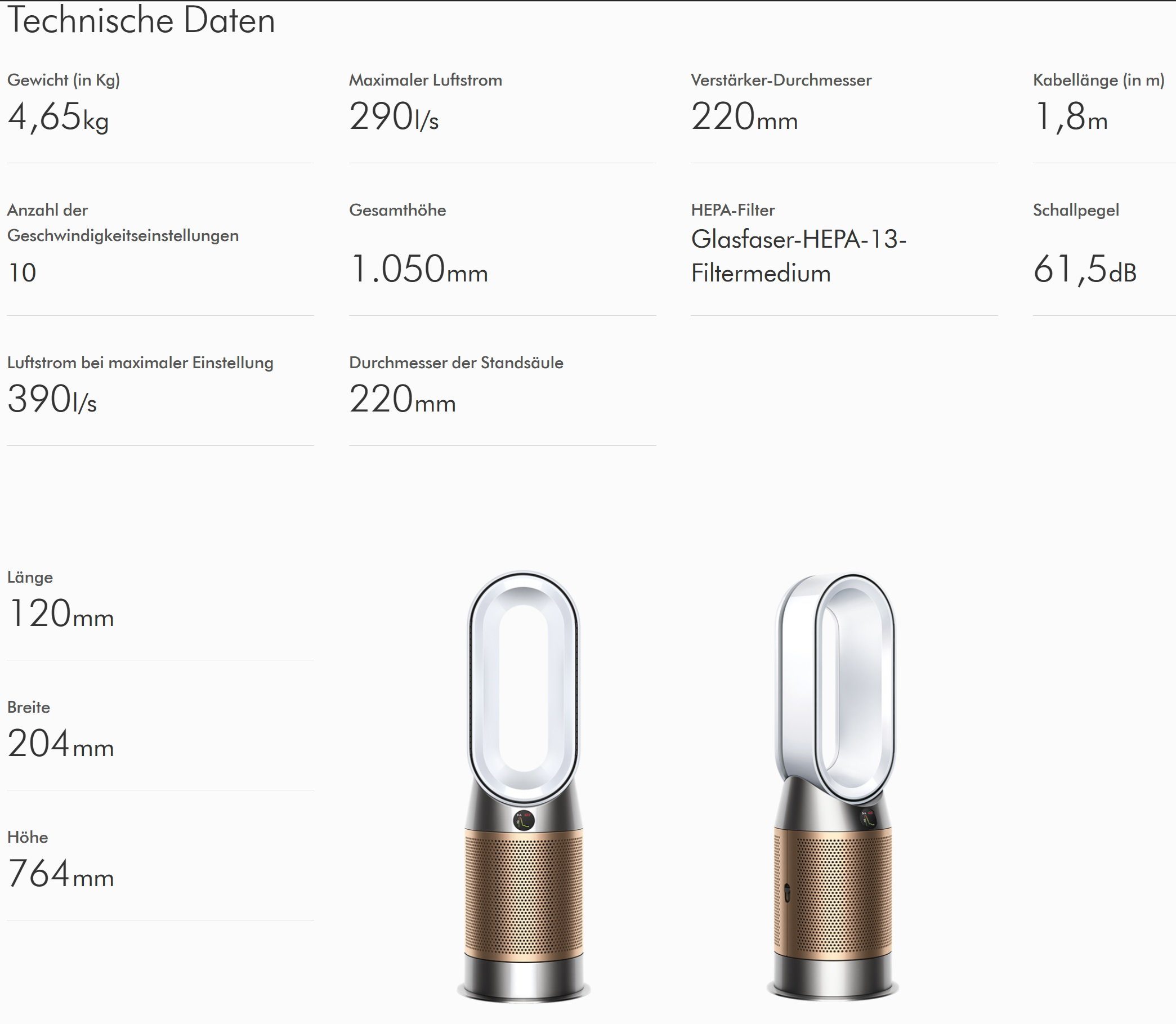 DYSON Kombigerät Luftreiniger, Ventilator und Heizlüfter HP09 Purifier Hot+Cool 3in1 gold, Ventilator Luftreiniger Heizlüfter, für 50 m² Räume, leise Schlafzimmer geeignet, Allergiker Raucherzimmer Luftfilter 99,5%