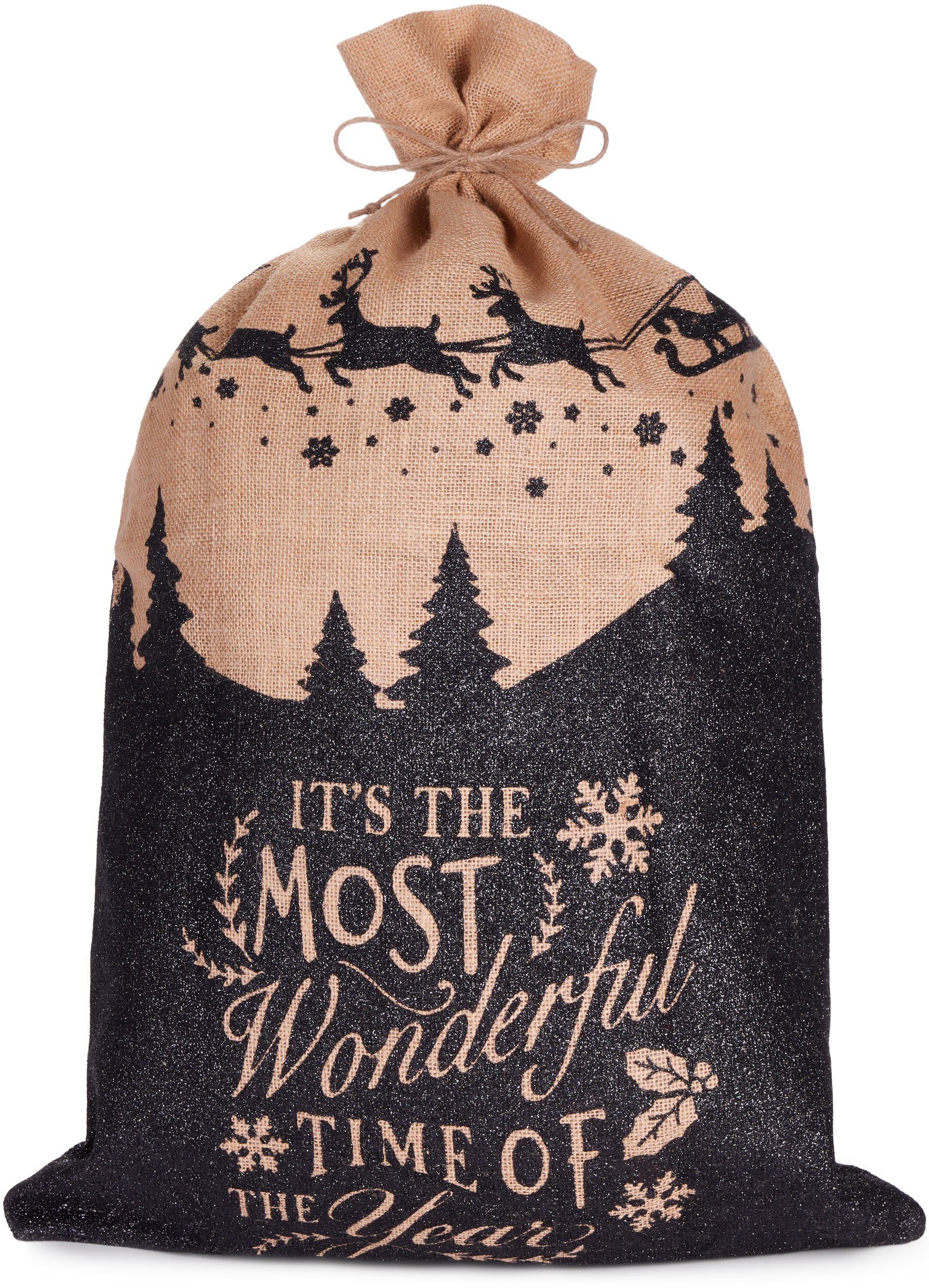 BRUBAKER Aufbewahrungstasche Weihnachtssack Most Wonderful Time of the Year - 80 cm Geschenksack (Weihnachtsmann mit Schlitten, 1-tlg), Nikolaussack Jutebeutel Sack mit Kordel zum Verpacken von Geschenken