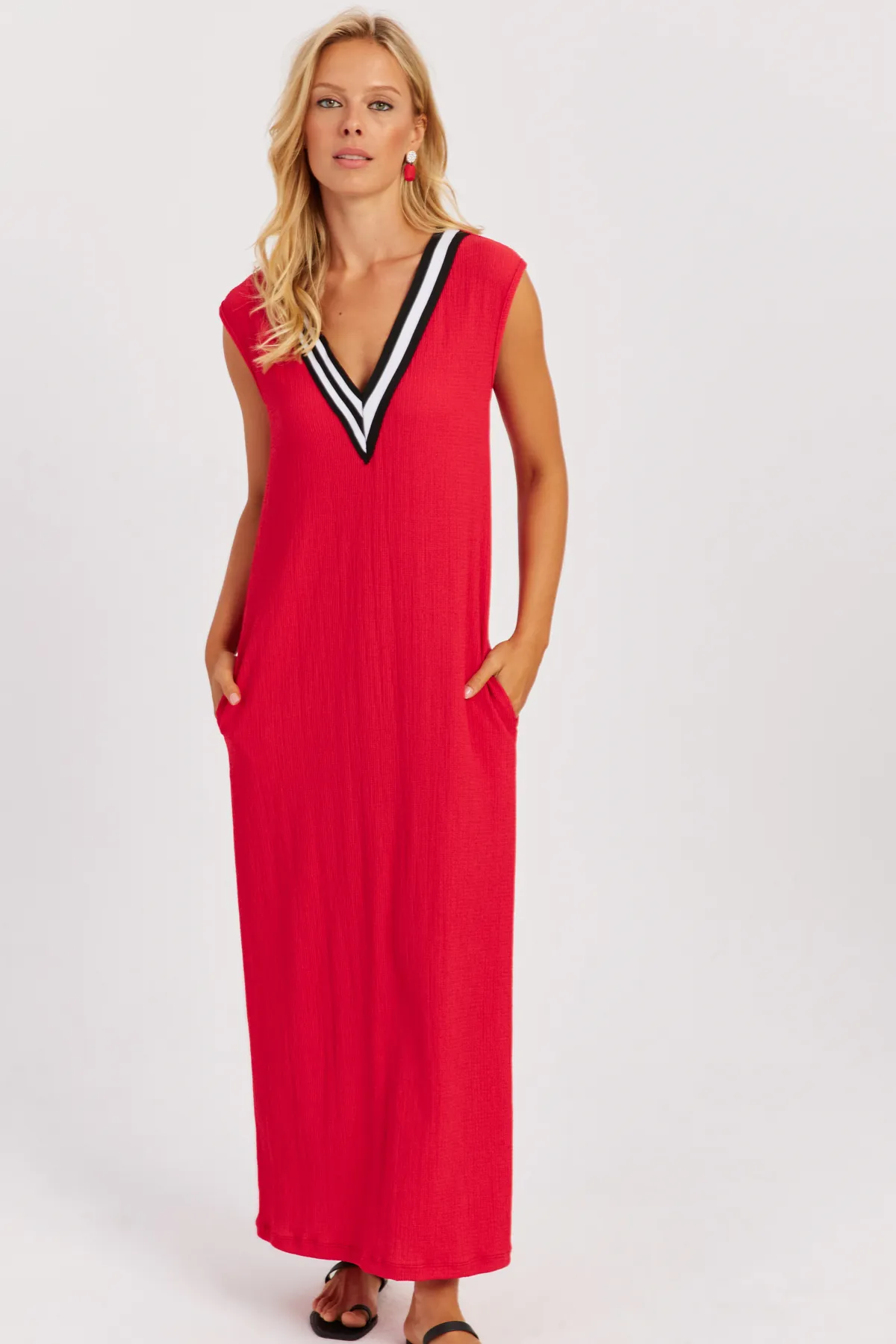 Cool & Sexy  Rotes Damen-Maxikleid mit V-Ausschnitt und Blockmuster EY2779