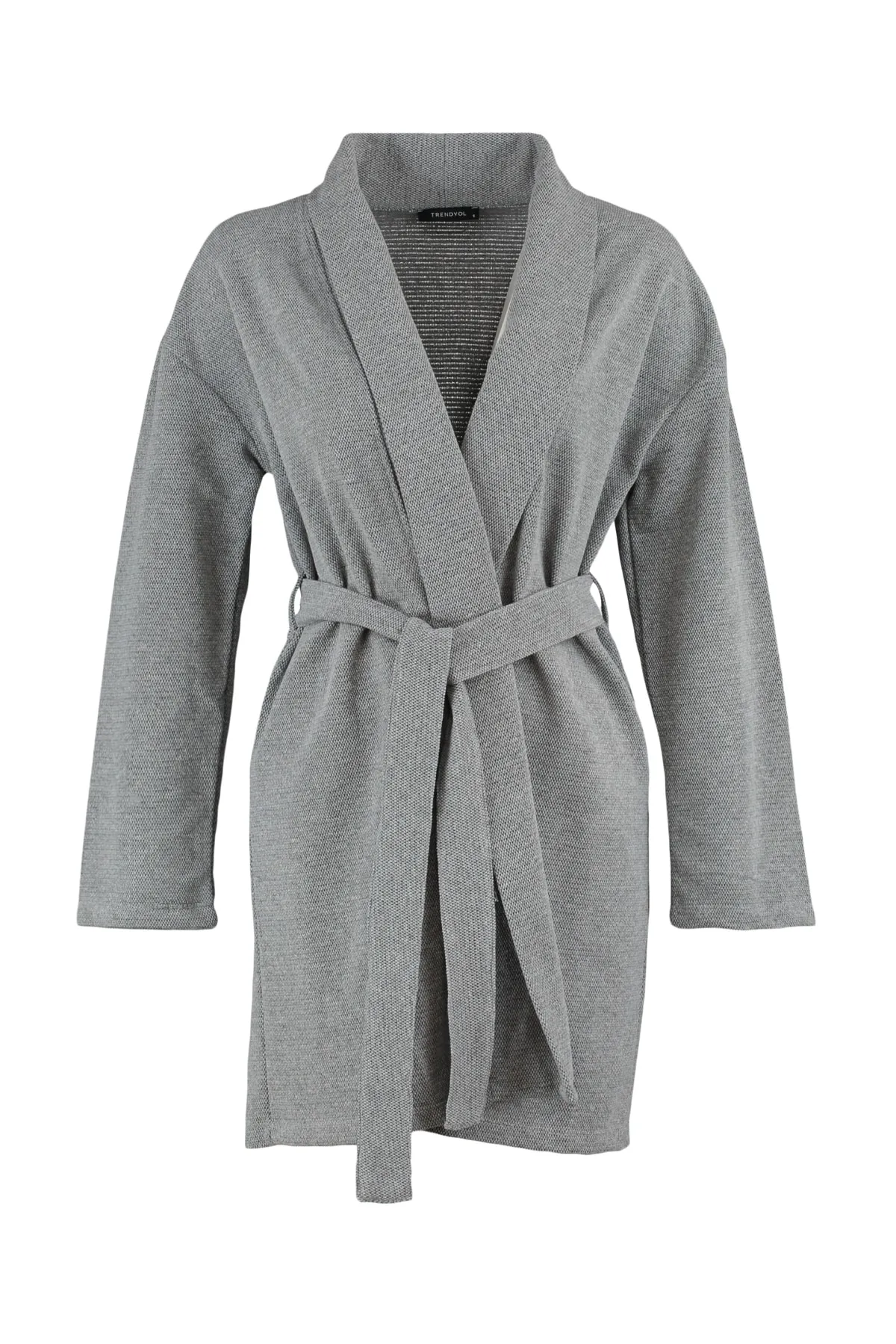 Trendyol Collection  Dunkelgrauer Strick-Morgenmantel aus Baumwoll-Piqué mit Gürtel THMAW23SB00002