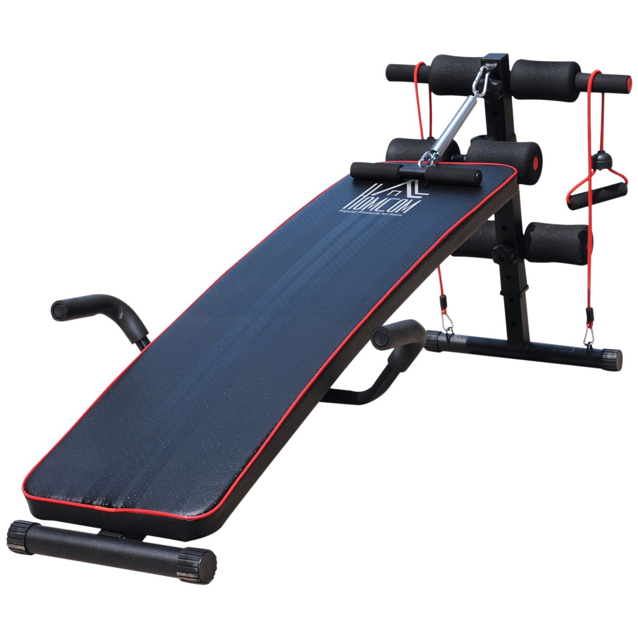 HOMCOM Sit Up Bank Bauchtrainer Trainingsbank Fitnessbank inkl. Widerstandsbände Schwarz   Rot 55,5 x 137,5 x (50–68) cm 120 kg Belastbarkeit