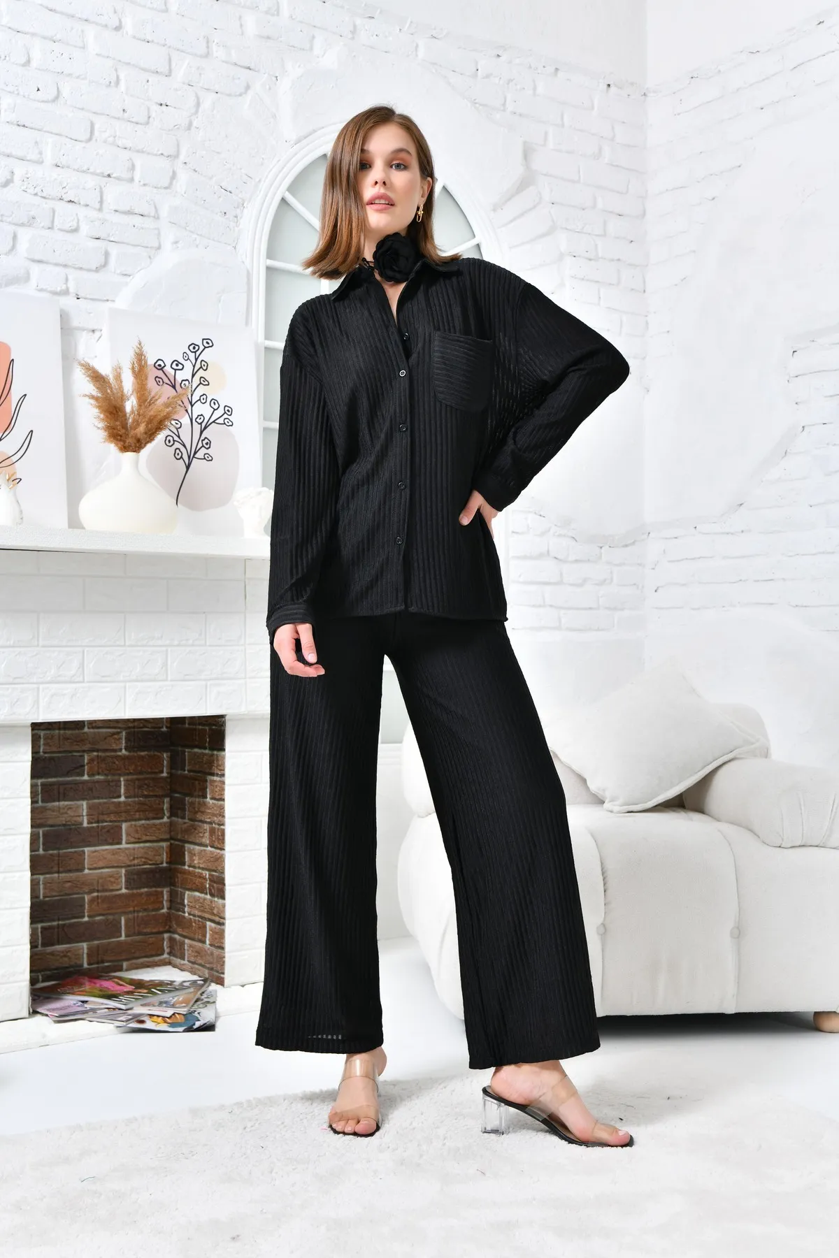 VOLT CLOTHİNG  Damen-Hosenset mit weitem Bein und Brusttasche