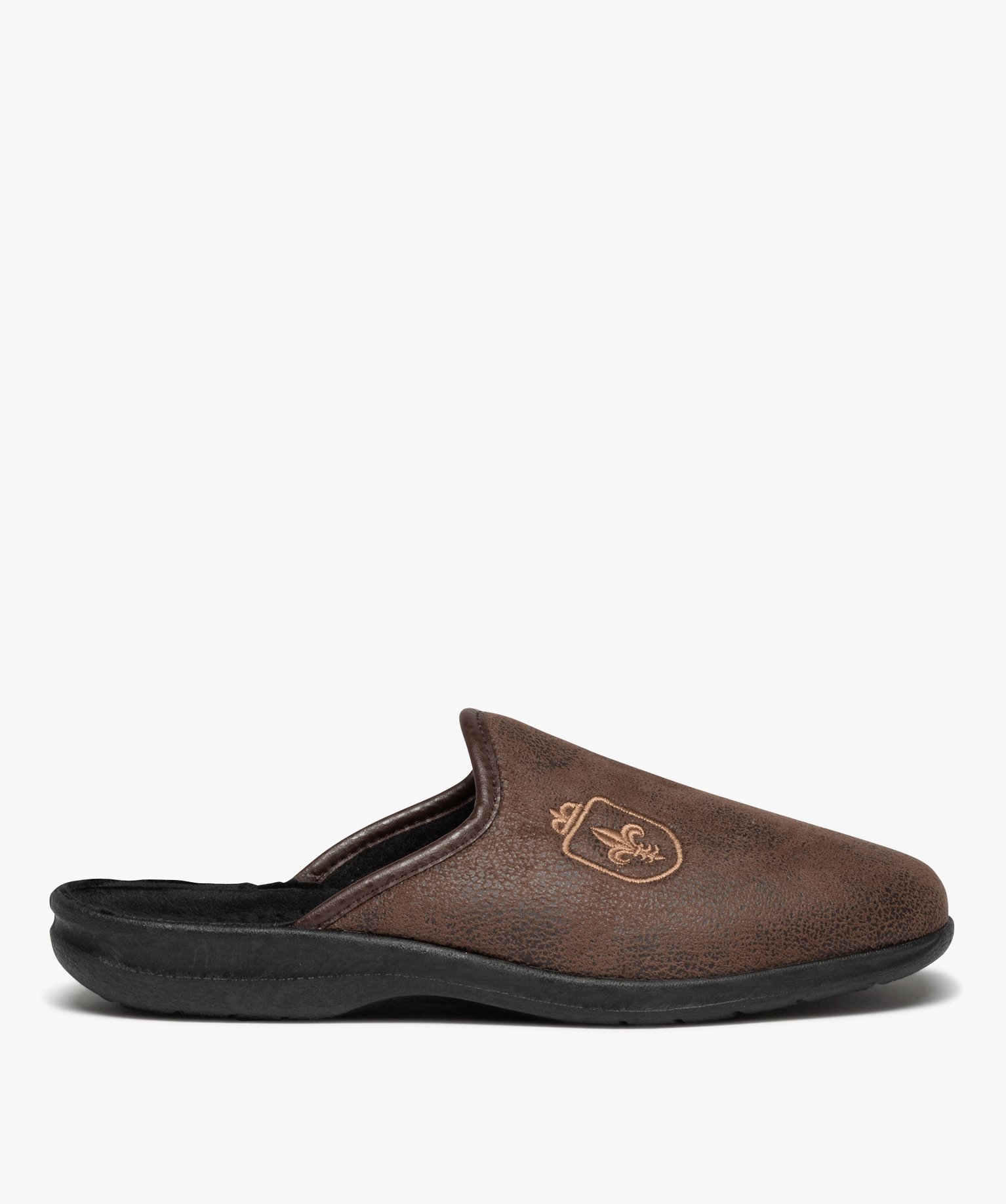 Chaussons homme mules dessus cuir imitation avec fleur de lys marron | GEMO