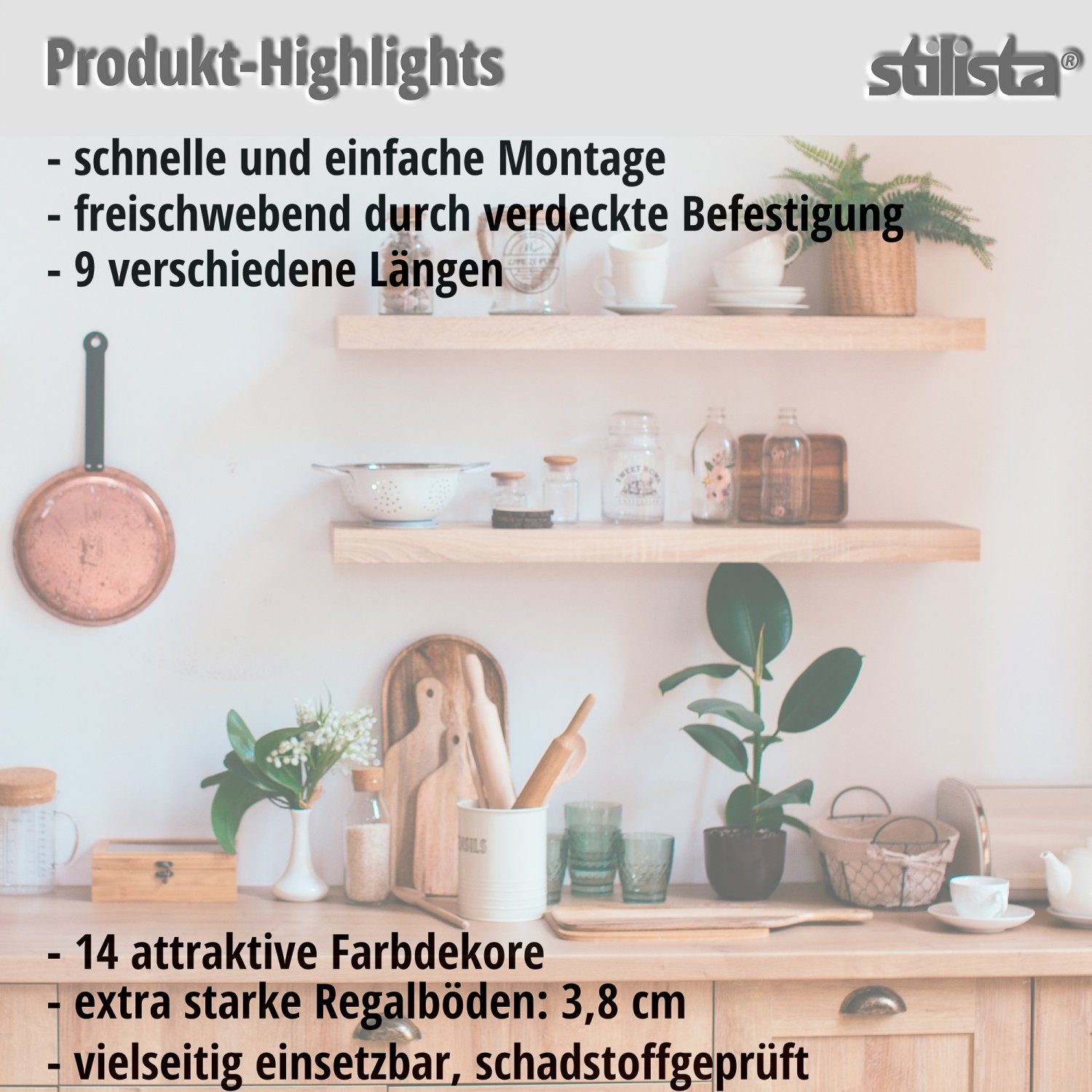 STILISTA Wandregal Wandboard Schweberegal Küchenregal Bücherregal, Regal, Volato, Länge 30 - 110 cm, 14 Farbvarianten, Stärke 3,8 cm