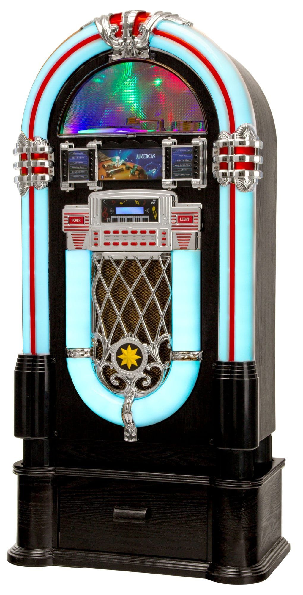Beatfoxx Lacoon Golden Age Jukebox Set inkl. Untergestell Stereoanlage (UKW/MW-Radio, Retro Musikbox mit LED-Beleuchtung, CD-Player, Bluetooth, USB-SD, AUX)