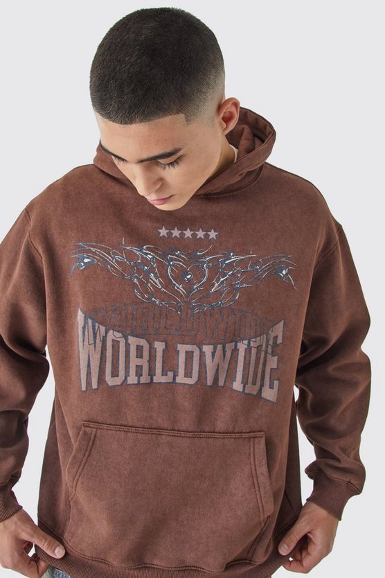 Oversize Worldwide Hoodie mit Acid-Waschung