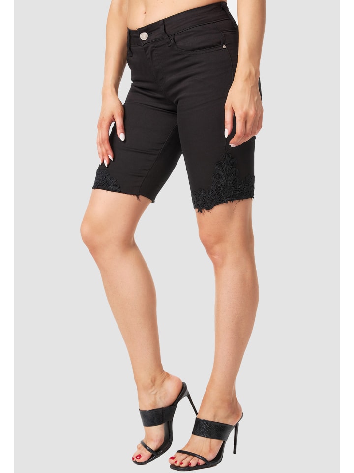 MiSS RJ High Waist Denim Jeans Shorts Bermuda Stretch Hose mit Spitze in Schwarz günstig kaufen 34