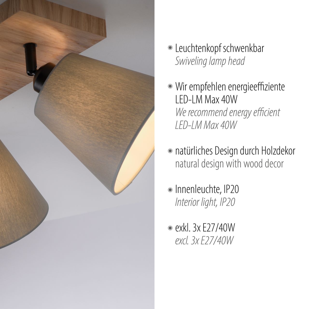 JUST LIGHT Deckenleuchte GREEN MICHEL, 3x E27/40Watt max., Holz-natur