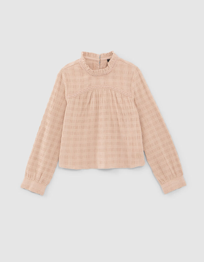 Blouse rose gaufrée avec tulle au col fille