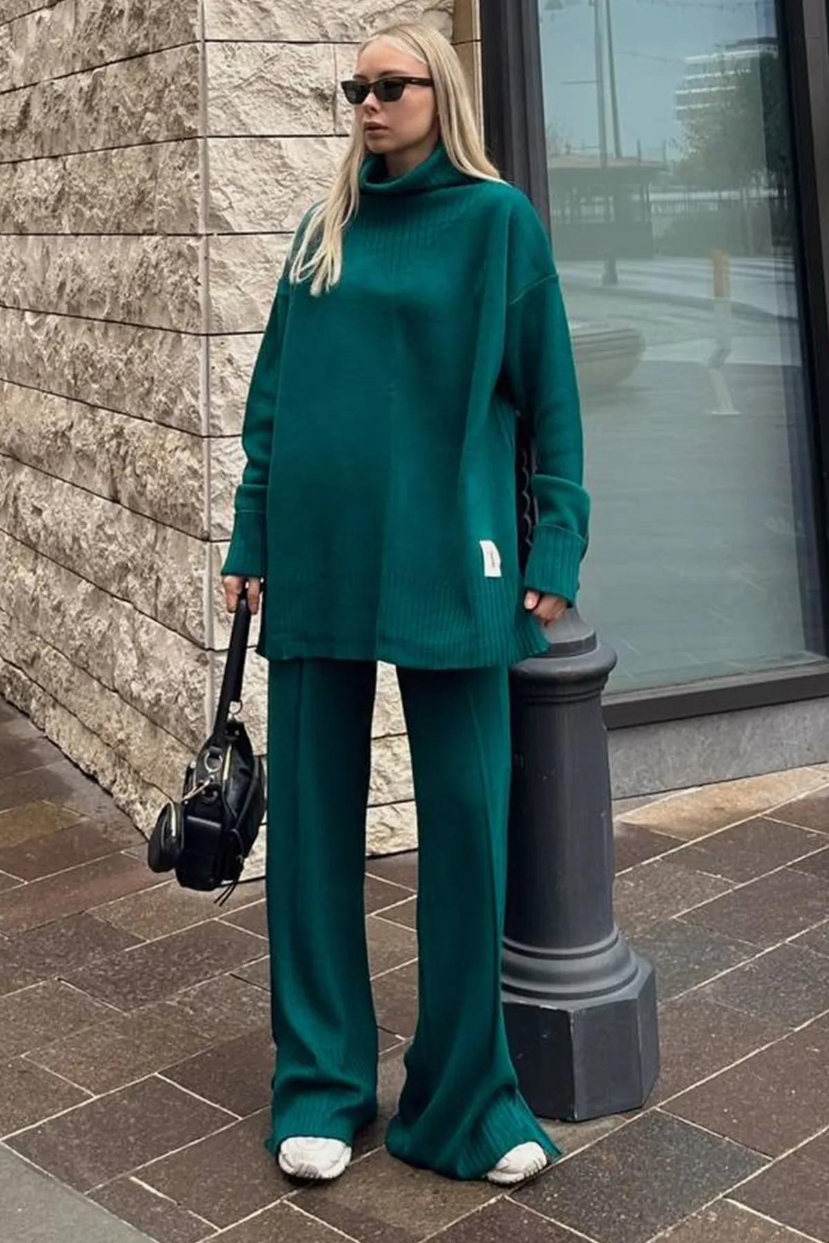 lovebox  Rollkragenpullover in Übergröße, grüner Langarmpullover und grüner Strickhosenanzug mit hoher Taille 003