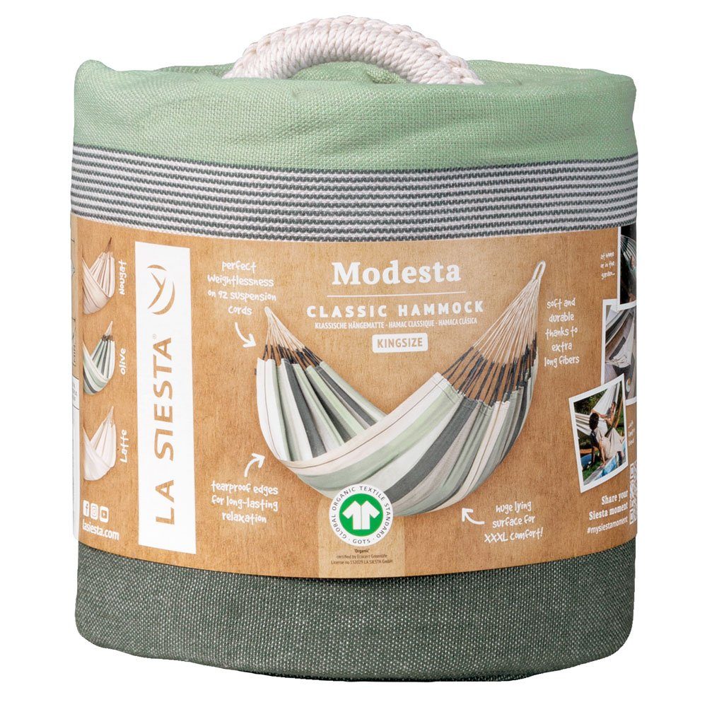 La Siesta Hängematte Kingsize Hängematte Modesta Olive grün La Siesta Bio Baumwolle Tuchhängematte, Hochwertige Qualität