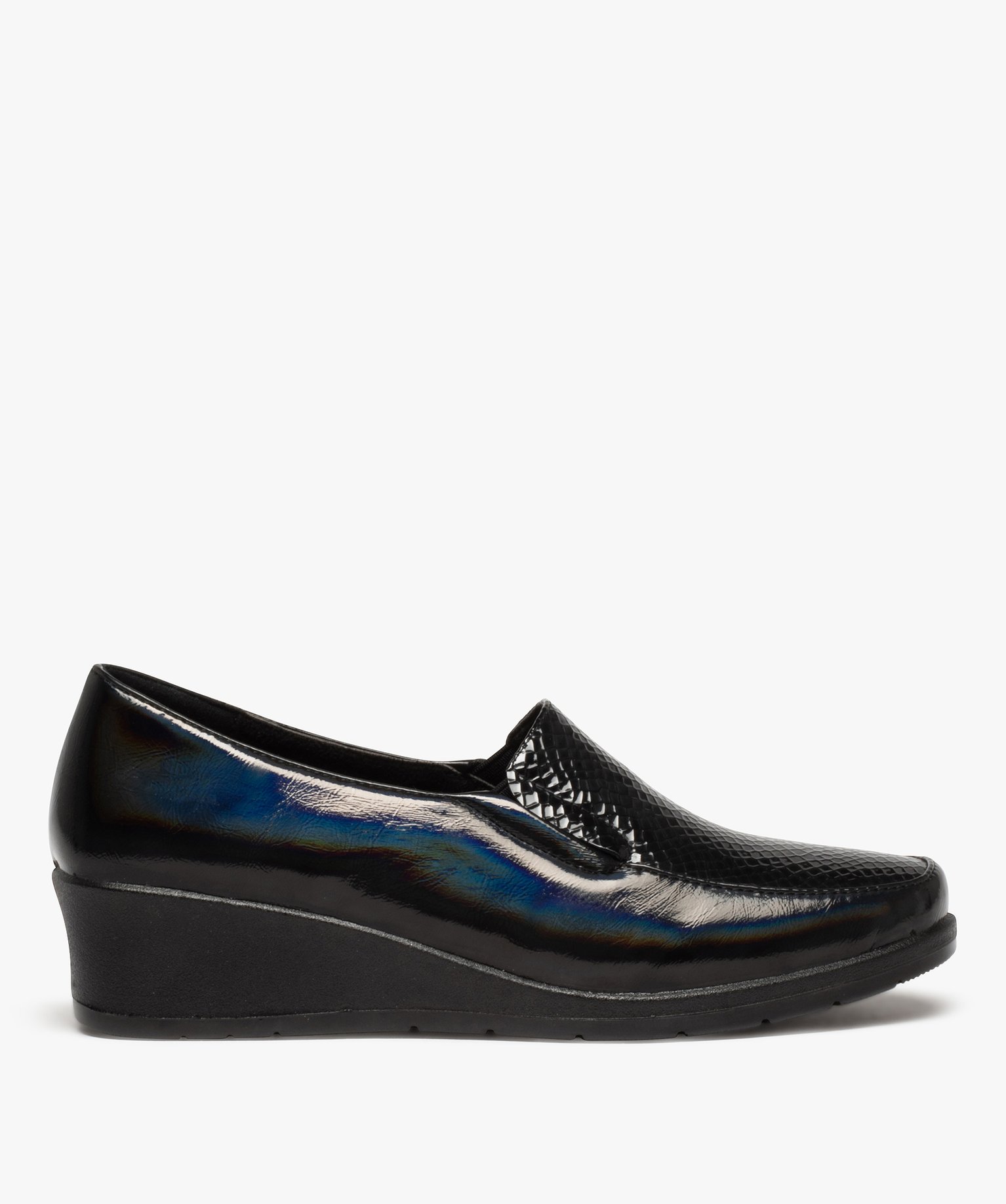 Mocassins femme confort et dessus vernis uni à talon compensé noir | GEMO