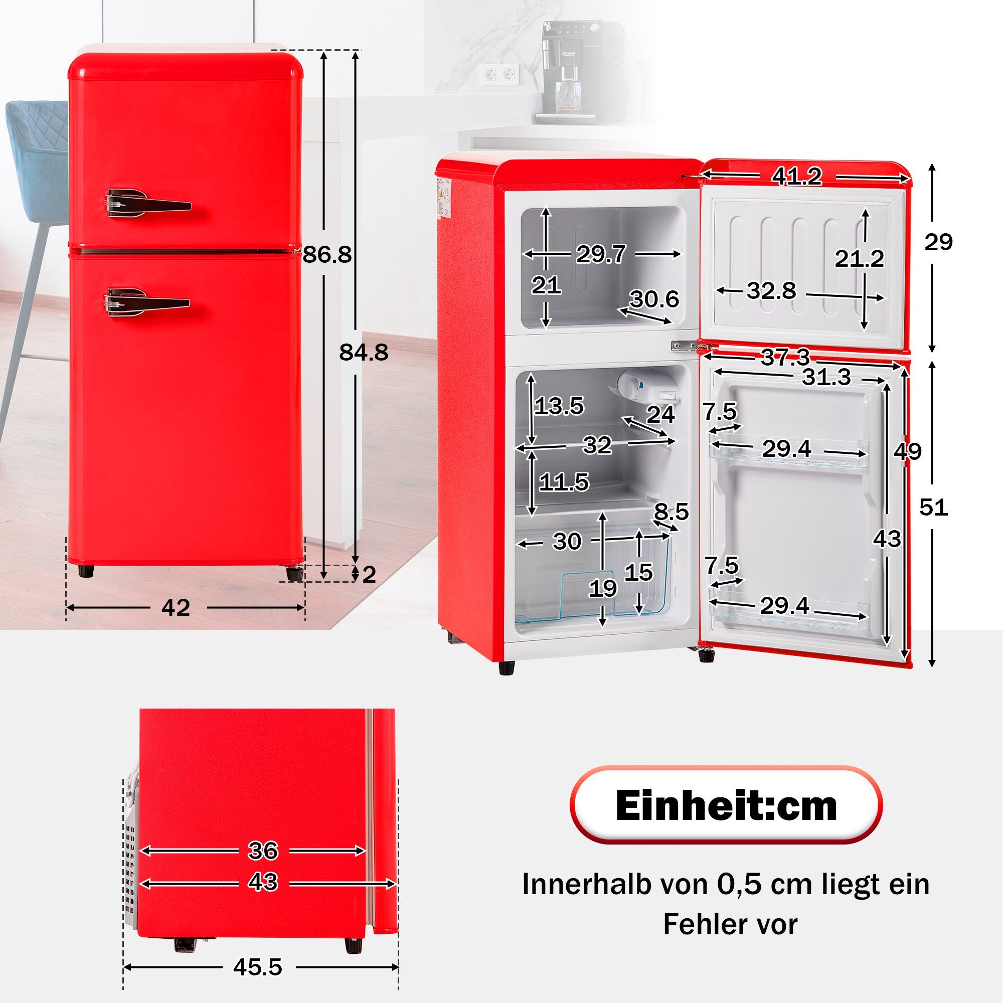 REDOM Table Top Kühlschrank 86,8 cm hoch, 45,5 cm breit, zweitürig, mit 60 Liter Gesamtvolumen BCD-86, 87 cm hoch, 42 cm breit, 22 Liter Gefriervolumen. 163 kWh/Jahr, -27°C ∽ 13°C,LED-Licht.