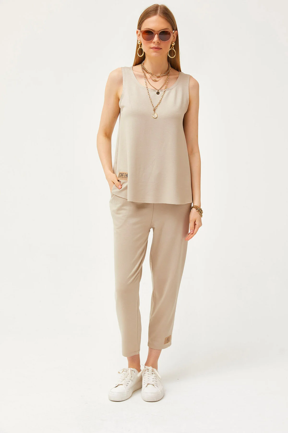 Olalook  Damen-Anzug aus Stein, ärmellos, lockere Bluse unten oben, Kristall, TKM-19000271