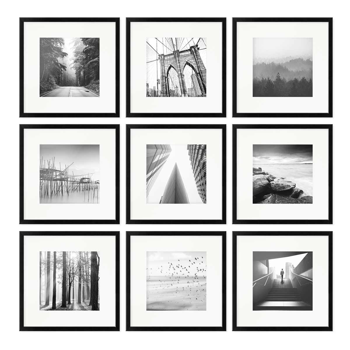 PHOTOLINI Bilderrahmen 9er Set 30x30 cm Modern Schmal mit Passepartout