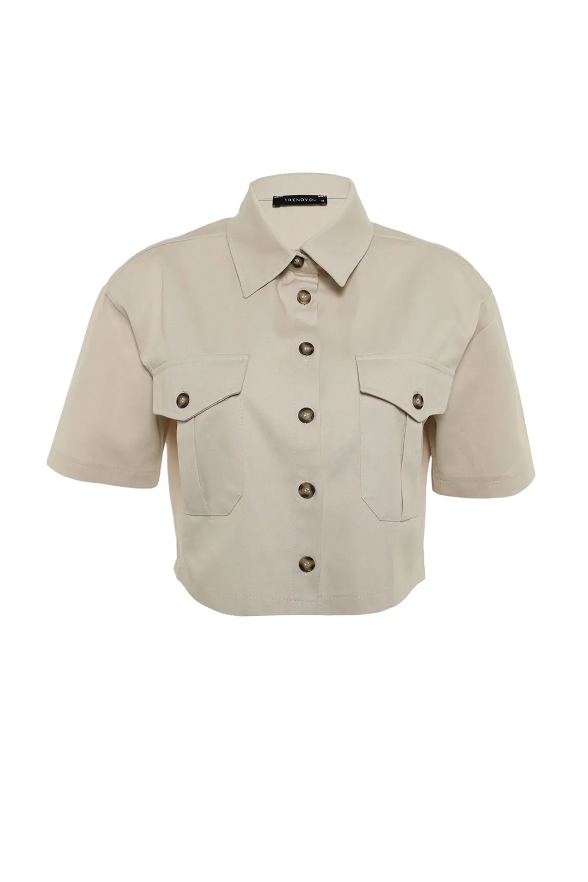 Trendyol Collection  Gewebtes Hemd mit Taschendetail in Stein – Kurzarm, normale Passform TWOSS22GO0654