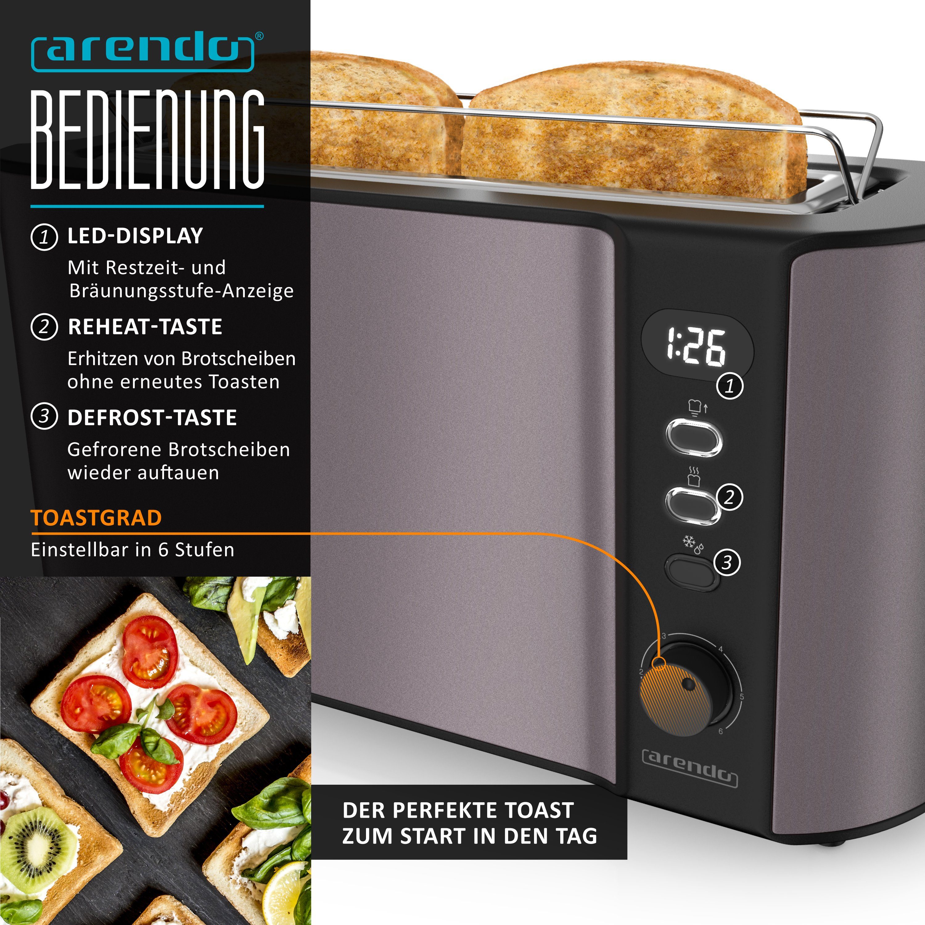 Arendo Frühstücks-Set (2-tlg), Edelstahl Wasserkocher 1,5l, 2-Scheiben Langschlitz Toaster, Grau