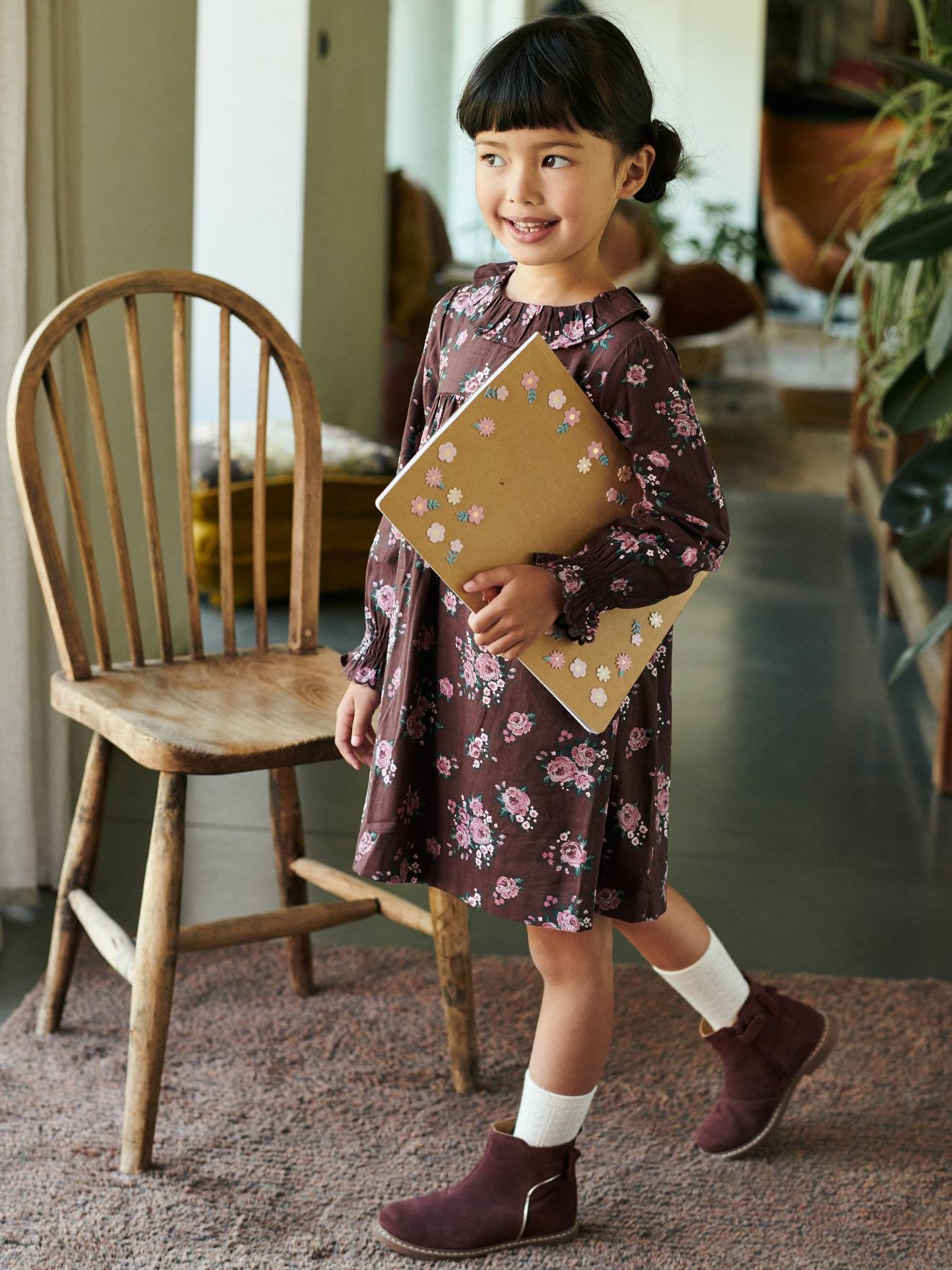 Robe à collerette imprimée fleurs fille dark prune imprimé