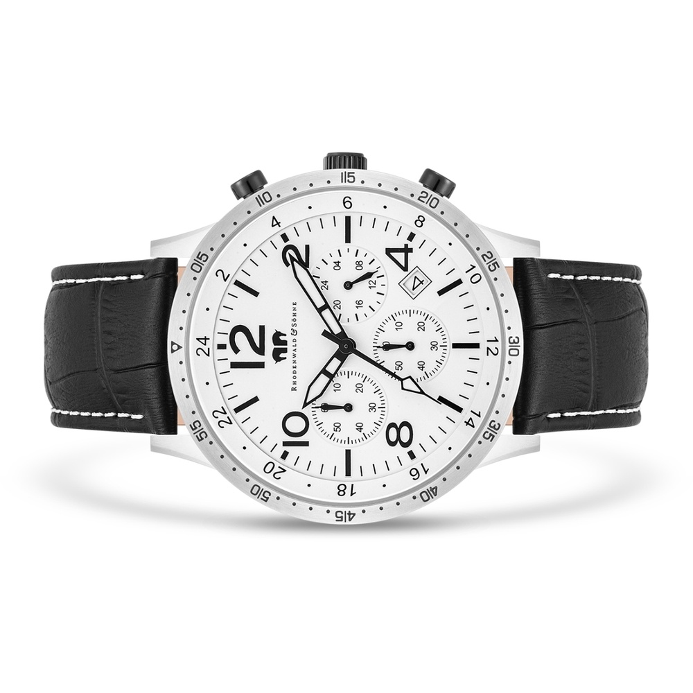 Rhodenwald & Söhne Chronographe Flight Captain en Argent Cuir véritable en Noir Montre